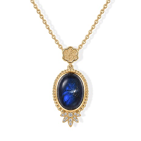EverTrue - Labradorite & White Zircon Pendant with Chain (Size 20) in Yellow Gold Tone 6.70 Ct.