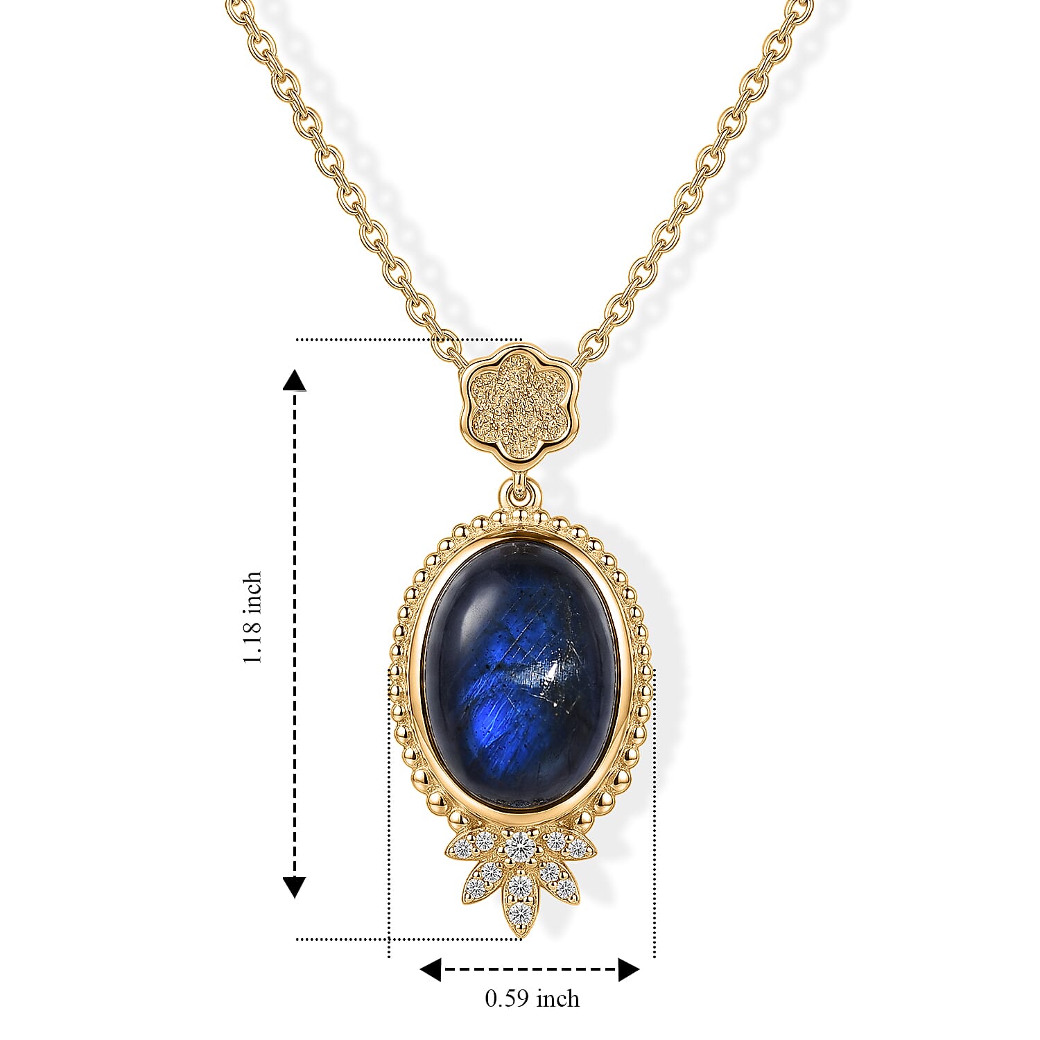 EverTrue - Labradorite & White Zircon Pendant with Chain (Size 20) in Yellow Gold Tone 6.70 Ct.