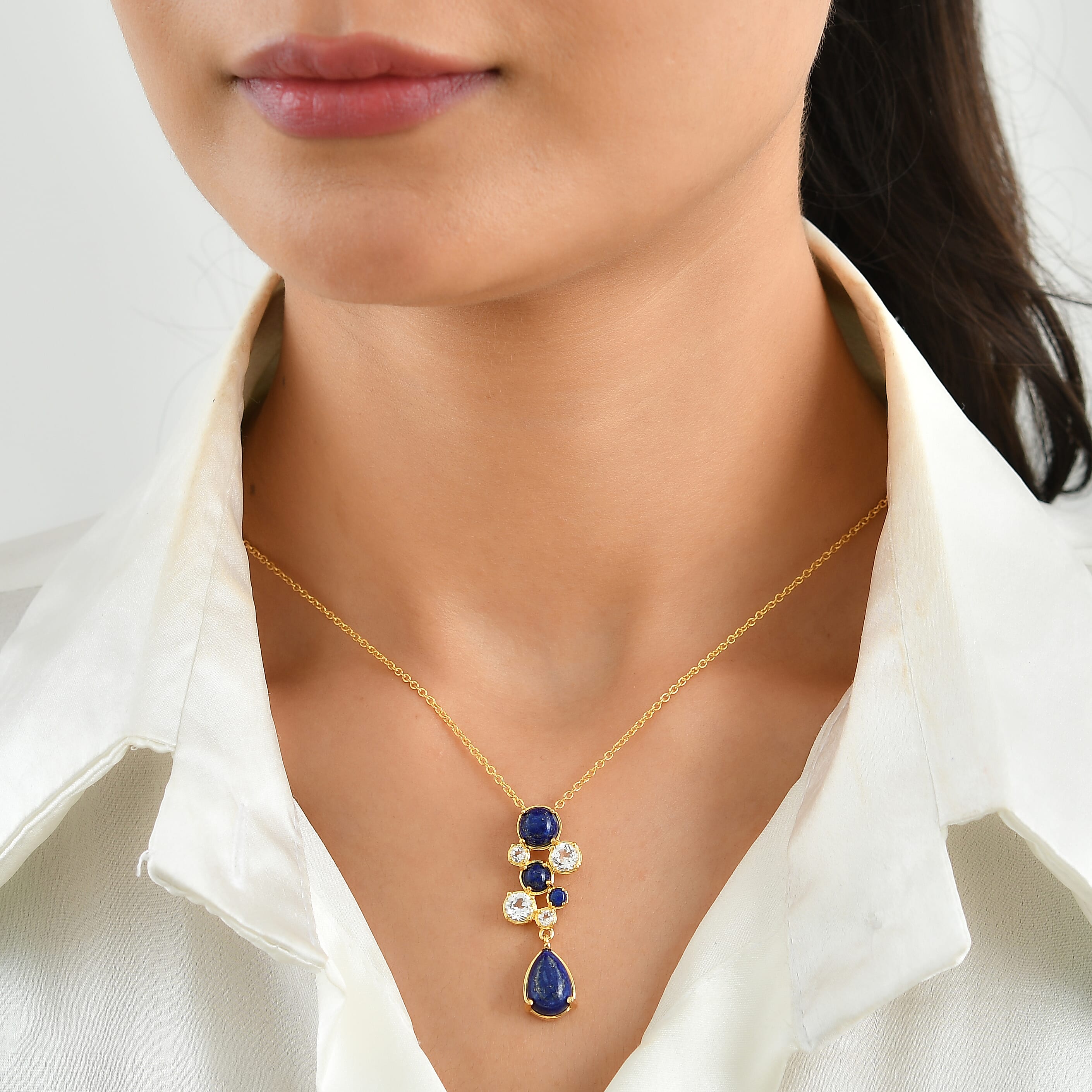 EverTrue - Lapis Lazuli & White Topaz Pendant with Chain (Size 20) in Yellow Gold Tone 8.26 Ct.