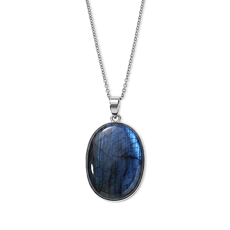 D'Joy - Labradorite Solitaire Pendant in Platinum Overlay Sterling Silver with Chain (Size 20) 39.50 Ct.