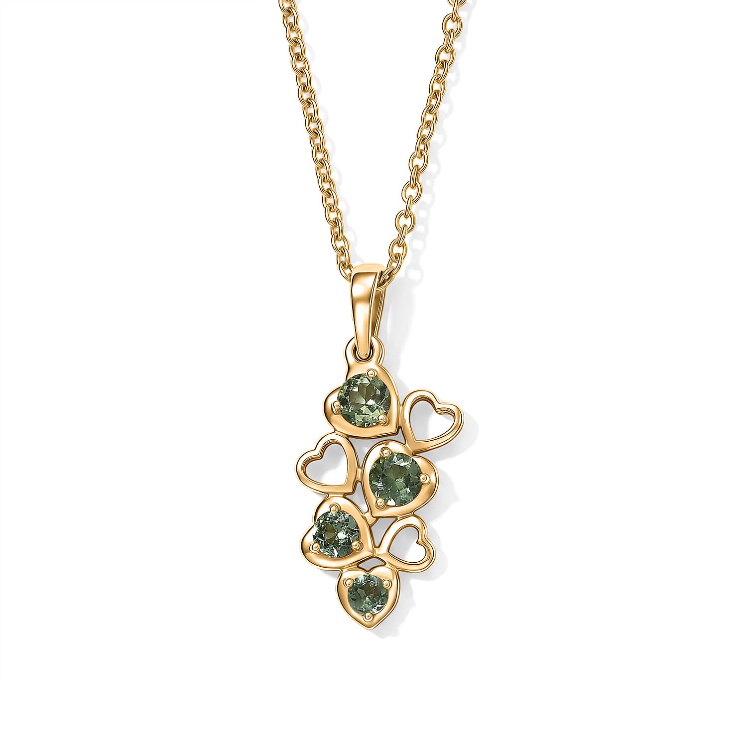 D'Joy - Natural Green Apatite Multi-Heart Drop Pendant in Yellow Gold Plated Sterling Silver with Chain (Size 20)