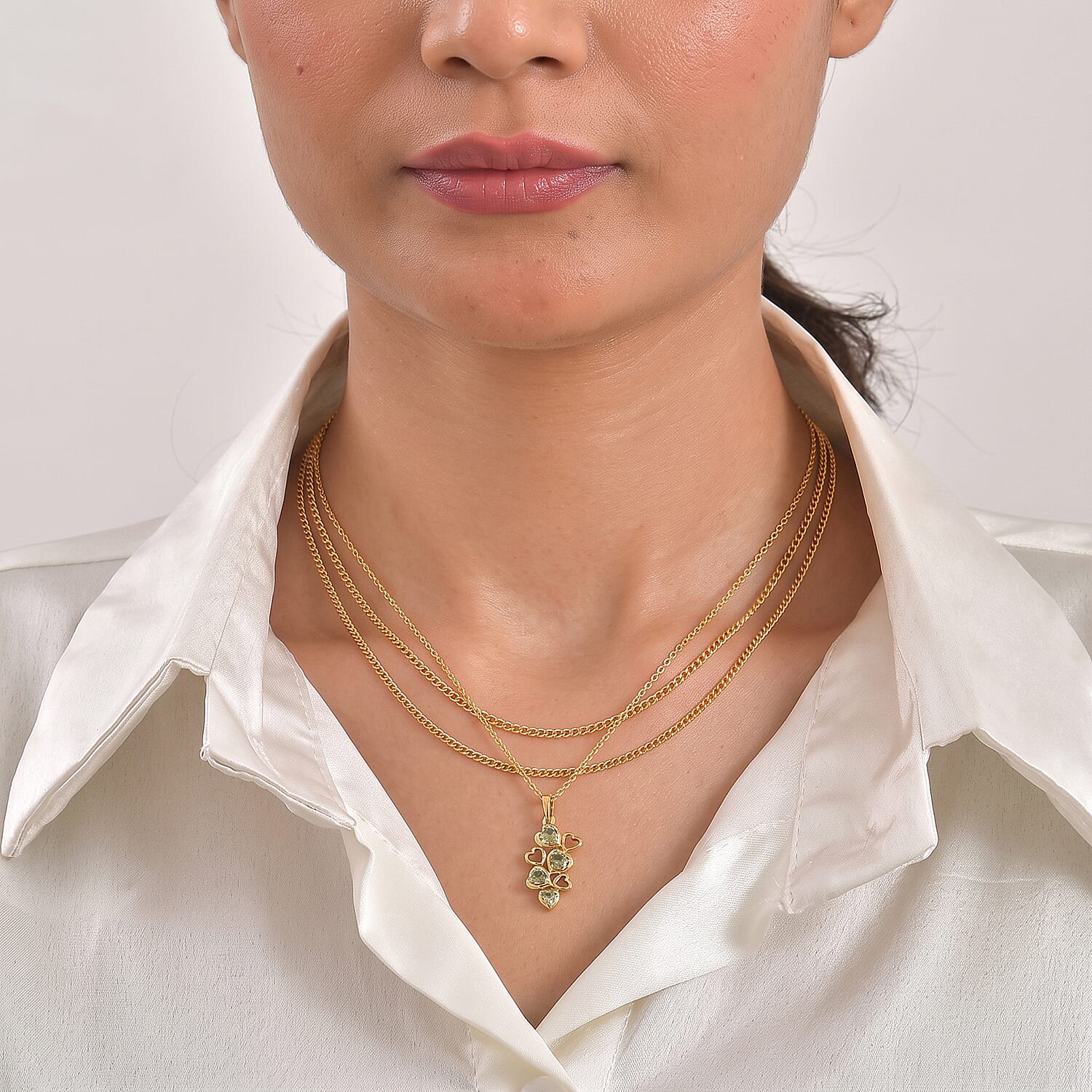 D'Joy - Natural Green Apatite Multi-Heart Drop Pendant in Yellow Gold Plated Sterling Silver with Chain (Size 20)