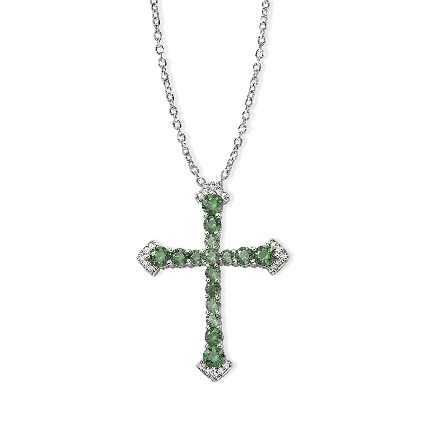 D'Joy - Natural Green Apatite & White Zircon Cross Pendant in Rhodium Overlay Sterling Silver with Chain (Size 20) 2.16 Ct.