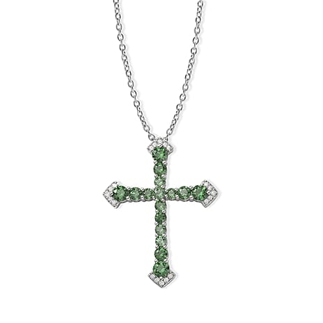 D'Joy - Natural Green Apatite & White Zircon Cross Pendant in Rhodium Overlay Sterling Silver with Chain (Size 20) 2.16 Ct.