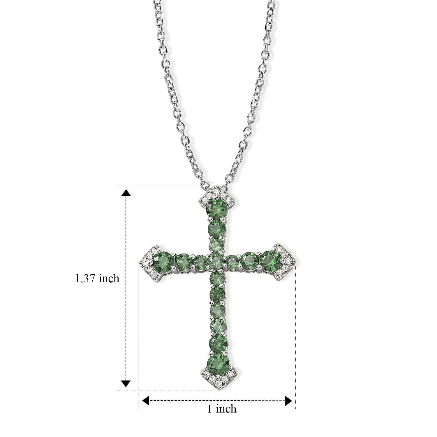 D'Joy - Natural Green Apatite & White Zircon Cross Pendant in Rhodium Overlay Sterling Silver with Chain (Size 20) 2.16 Ct.