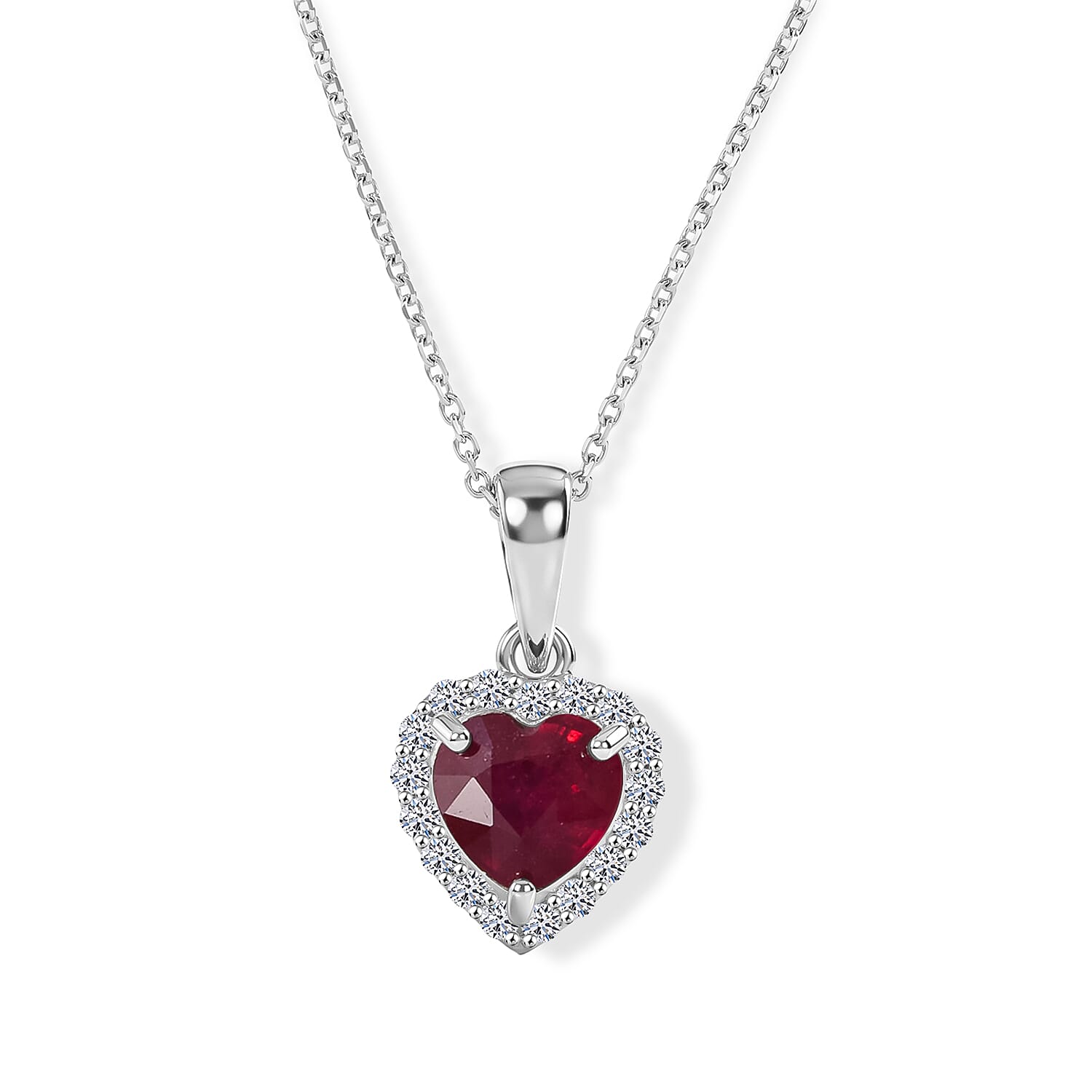 Fissure Filled Ruby & Lab Grown Diamond Halo Heart Pendant with Chain (Size 18) in Rhodium Overlay Sterling Silver 2.18 Ct.