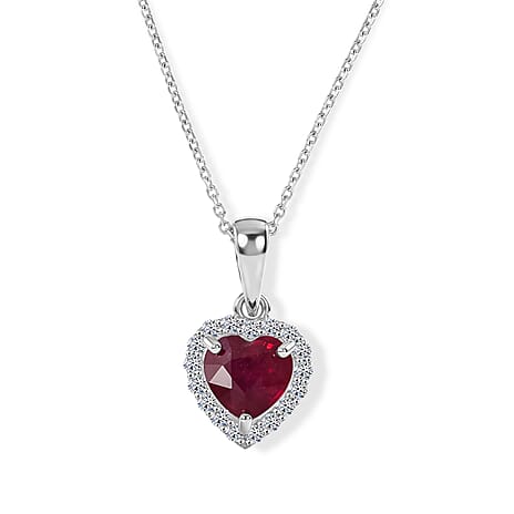 Fissure Filled Ruby & Lab Grown Diamond Halo Heart Pendant with Chain (Size 18) in Rhodium Overlay Sterling Silver 2.18 Ct.