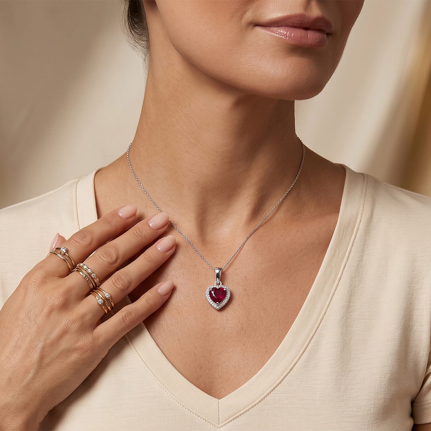 Fissure Filled Ruby & Lab Grown Diamond Halo Heart Pendant with Chain (Size 18) in Rhodium Overlay Sterling Silver 2.18 Ct.
