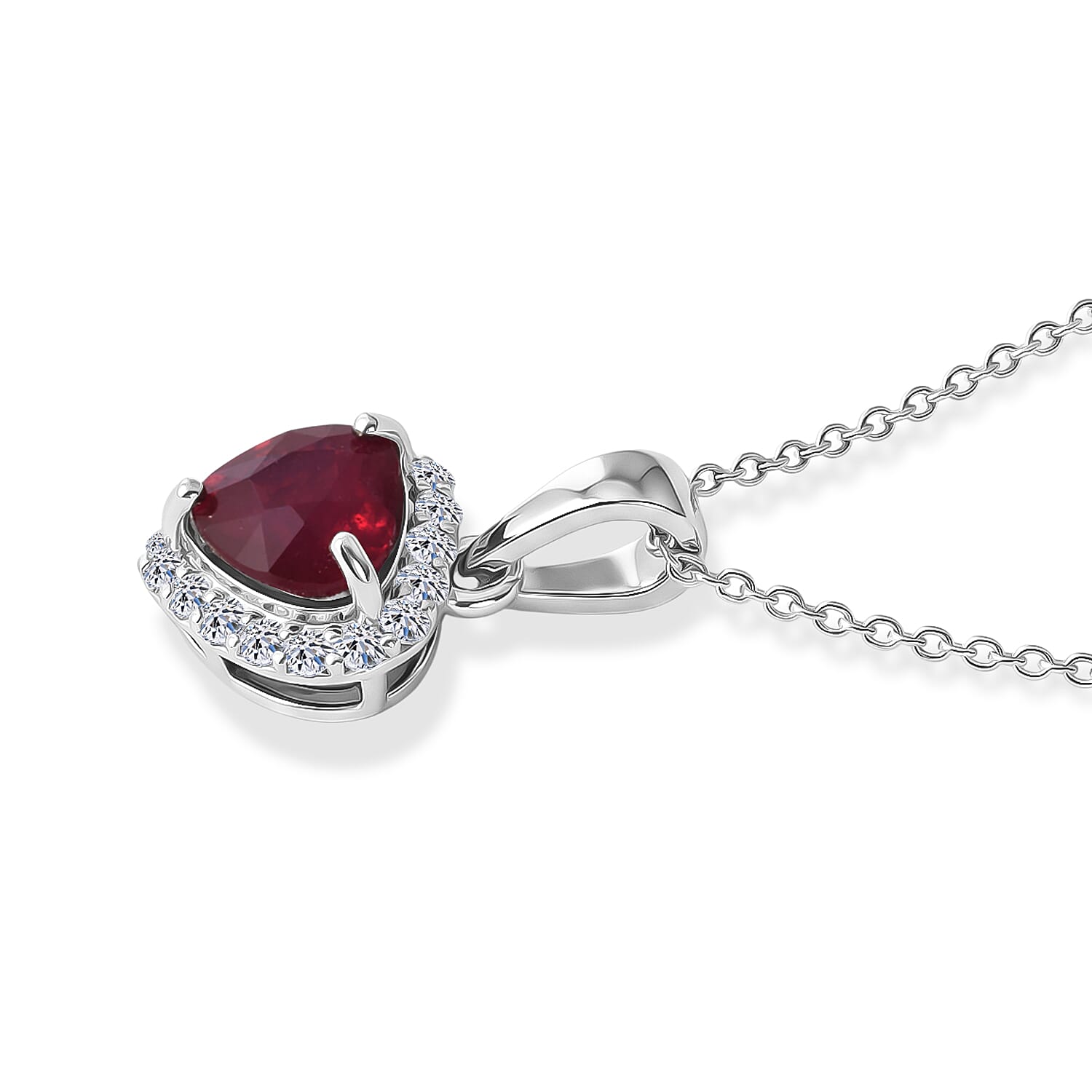 Fissure Filled Ruby & Lab Grown Diamond Halo Heart Pendant with Chain (Size 18) in Rhodium Overlay Sterling Silver 2.18 Ct.