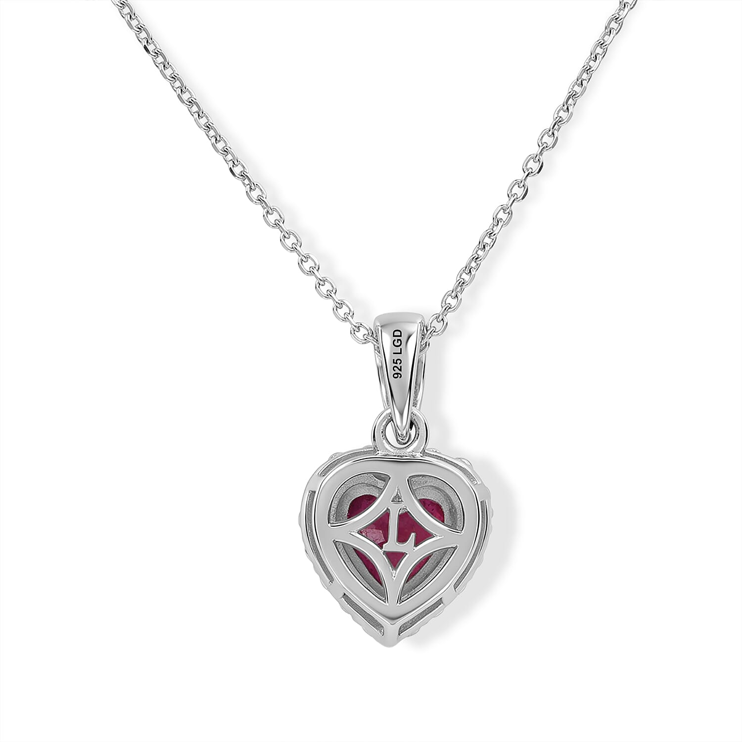 Fissure Filled Ruby & Lab Grown Diamond Halo Heart Pendant with Chain (Size 18) in Rhodium Overlay Sterling Silver 2.18 Ct.