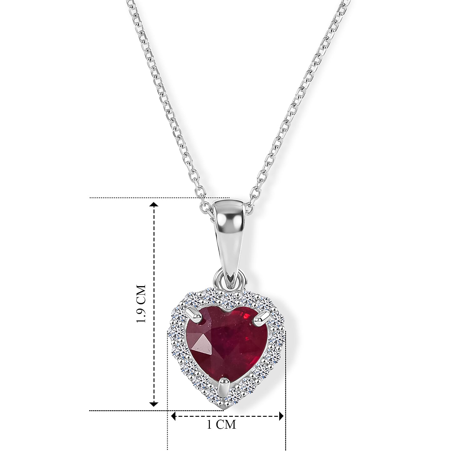 Fissure Filled Ruby & Lab Grown Diamond Halo Heart Pendant with Chain (Size 18) in Rhodium Overlay Sterling Silver 2.18 Ct.