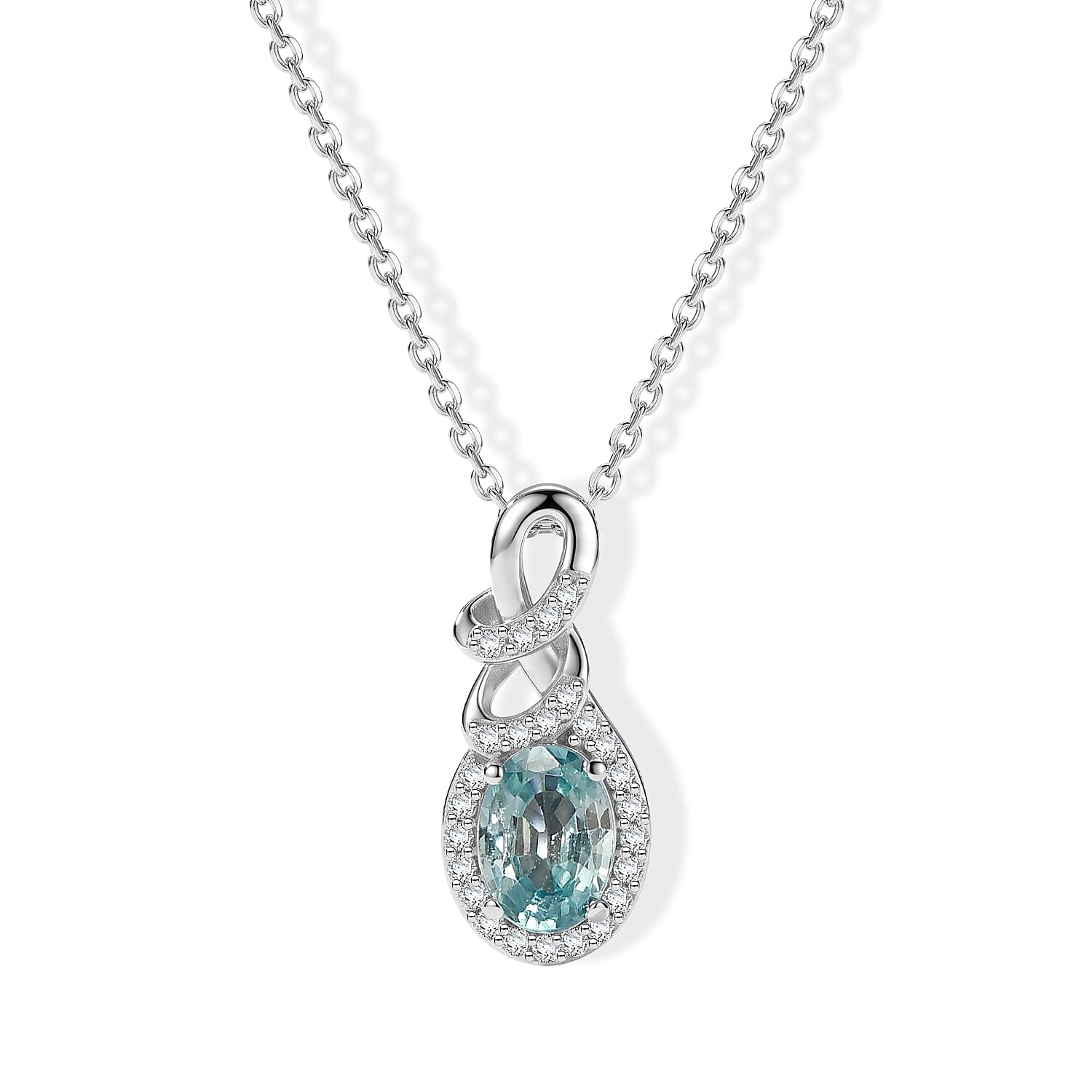 D'Joy - AAA Ratanakiri Blue Zircon & White Zircon Infinity Halo Drop Pendant with Chain (Size 20) in Rhodium Overlay Sterling Silver 1.50 Ct.