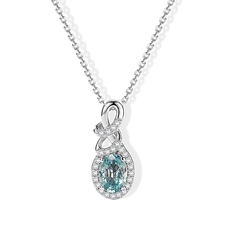 D'Joy - AAA Ratanakiri Blue Zircon & White Zircon Infinity Halo Drop Pendant with Chain (Size 20) in Rhodium Overlay Sterling Silver 1.50 Ct.