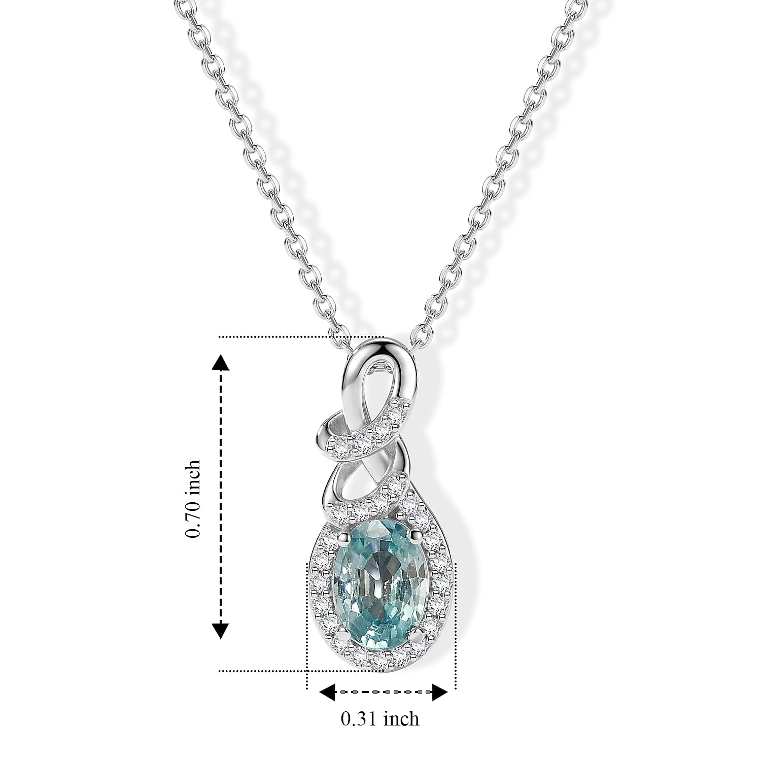 D'Joy - AAA Ratanakiri Blue Zircon & White Zircon Infinity Halo Drop Pendant with Chain (Size 20) in Rhodium Overlay Sterling Silver 1.50 Ct.