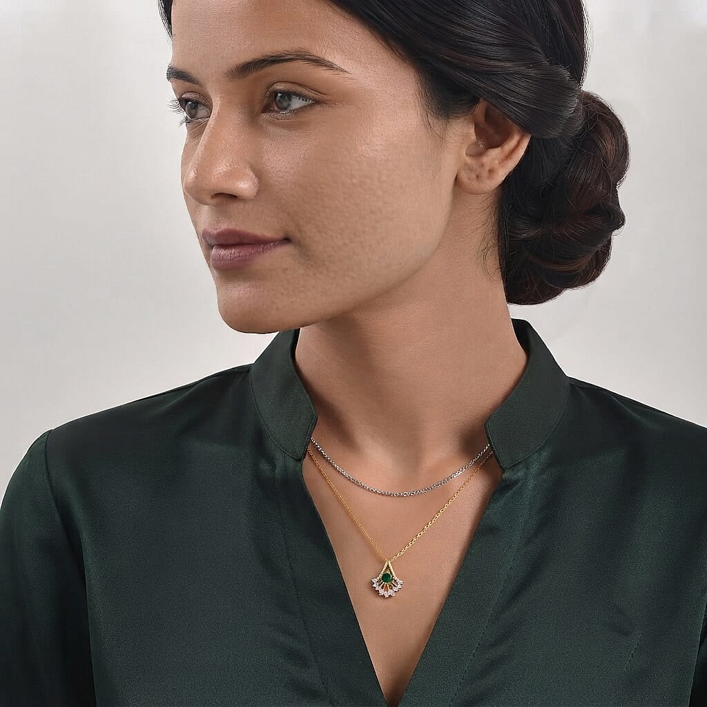 D'Joy - Natural Green Apatite & White Zircon Pendant in Yellow Gold Plated Sterling Silver with Chain (Size 20)