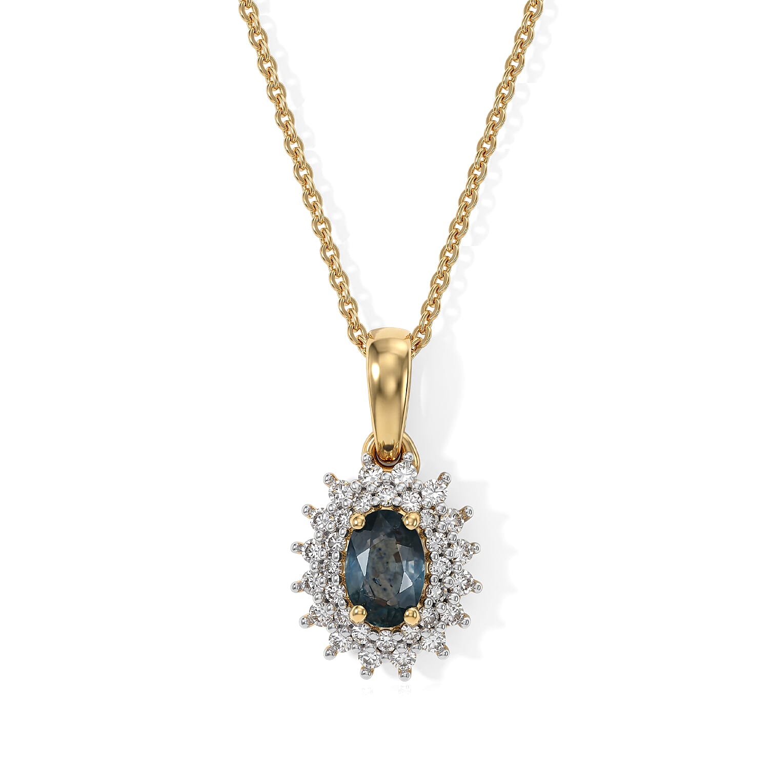 D'Joy - Montana Sapphire & Lab Grown Diamond (SI-G-H) Halo Pendant with Chain (Size 20) in 18K Vermeil Yellow Gold Plated Sterling Silver 1.00 Ct.