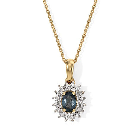 D'Joy - Montana Sapphire & Lab Grown Diamond (SI-G-H) Halo Pendant with Chain (Size 20) in 18K Vermeil Yellow Gold Plated Sterling Silver 1.00 Ct.