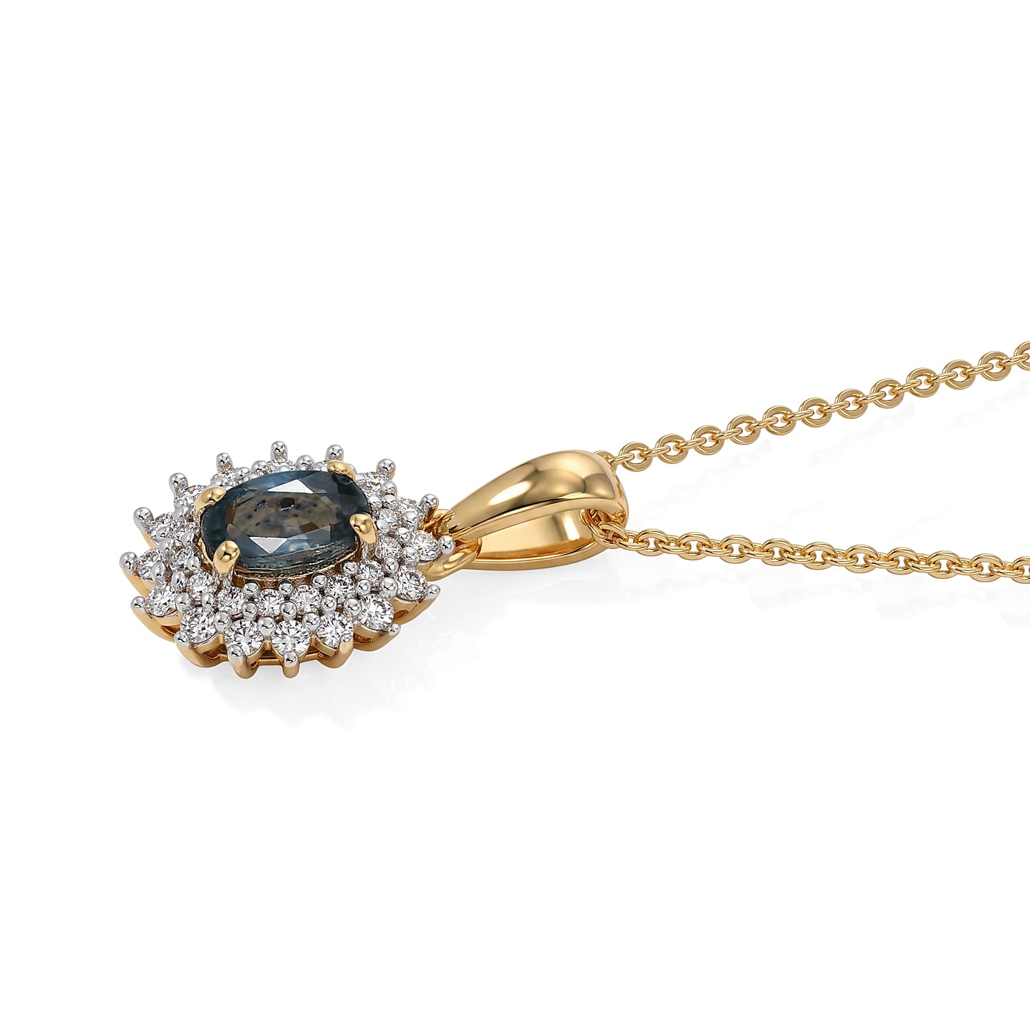 D'Joy - Montana Sapphire & Lab Grown Diamond (SI-G-H) Halo Pendant with Chain (Size 20) in 18K Vermeil Yellow Gold Plated Sterling Silver 1.00 Ct.
