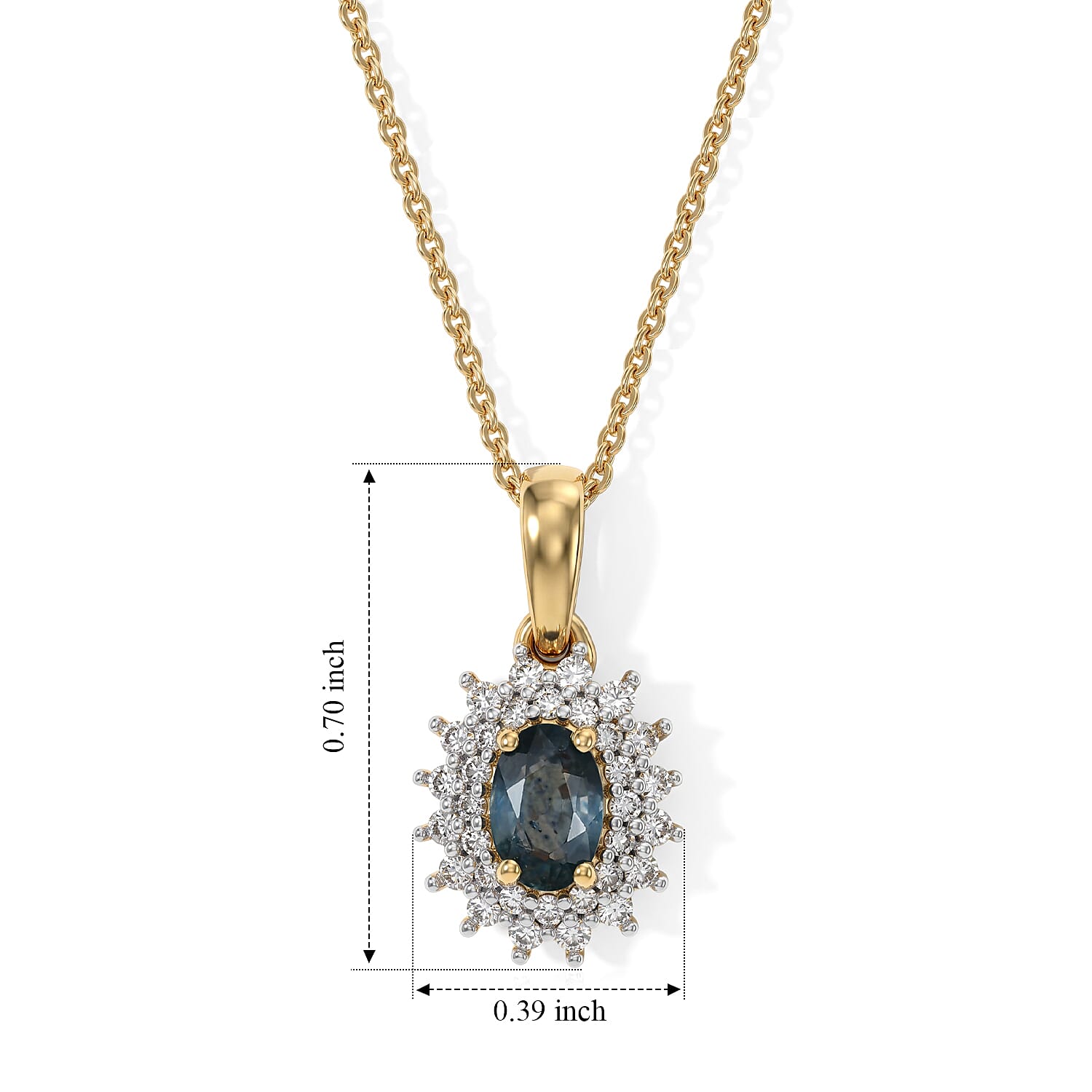 D'Joy - Montana Sapphire & Lab Grown Diamond (SI-G-H) Halo Pendant with Chain (Size 20) in 18K Vermeil Yellow Gold Plated Sterling Silver 1.00 Ct.