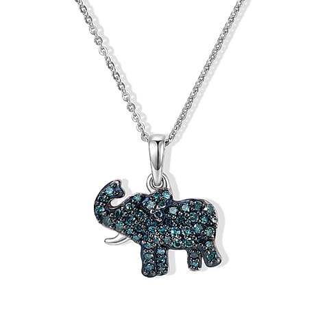 GP - Blue Diamond & Blue Sapphire Elephant Pendant with Chain (Size 20) in Rhodium Overlay Sterling Silver 0.50 Ct.