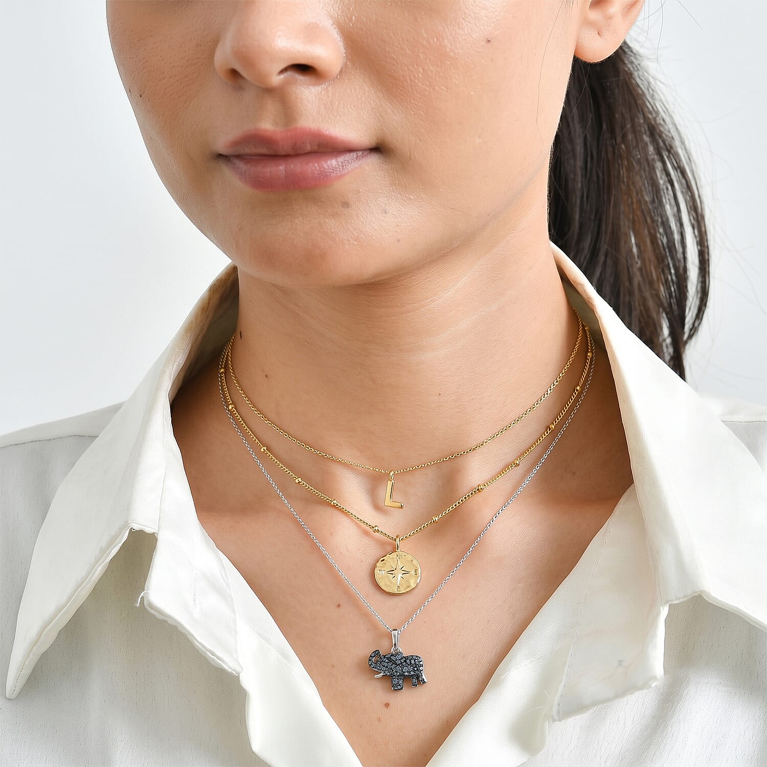GP - Blue Diamond & Blue Sapphire Elephant Pendant with Chain (Size 20) in Rhodium Overlay Sterling Silver 0.50 Ct.