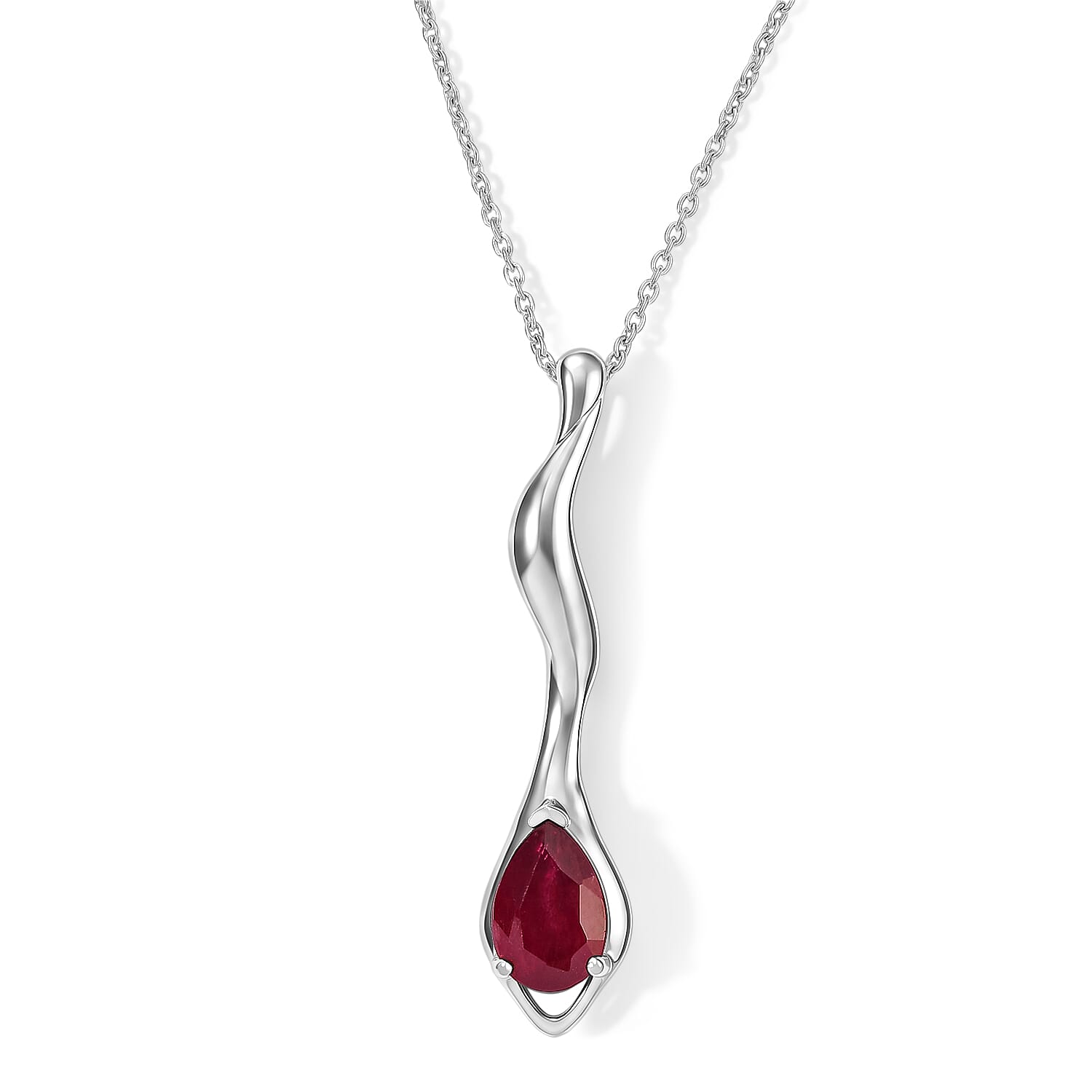 Lucy Q - African Ruby Solitaire Drop Pendant with Chain (Size 20) in Platinum Overlay Sterling Silver 2.08 Ct.