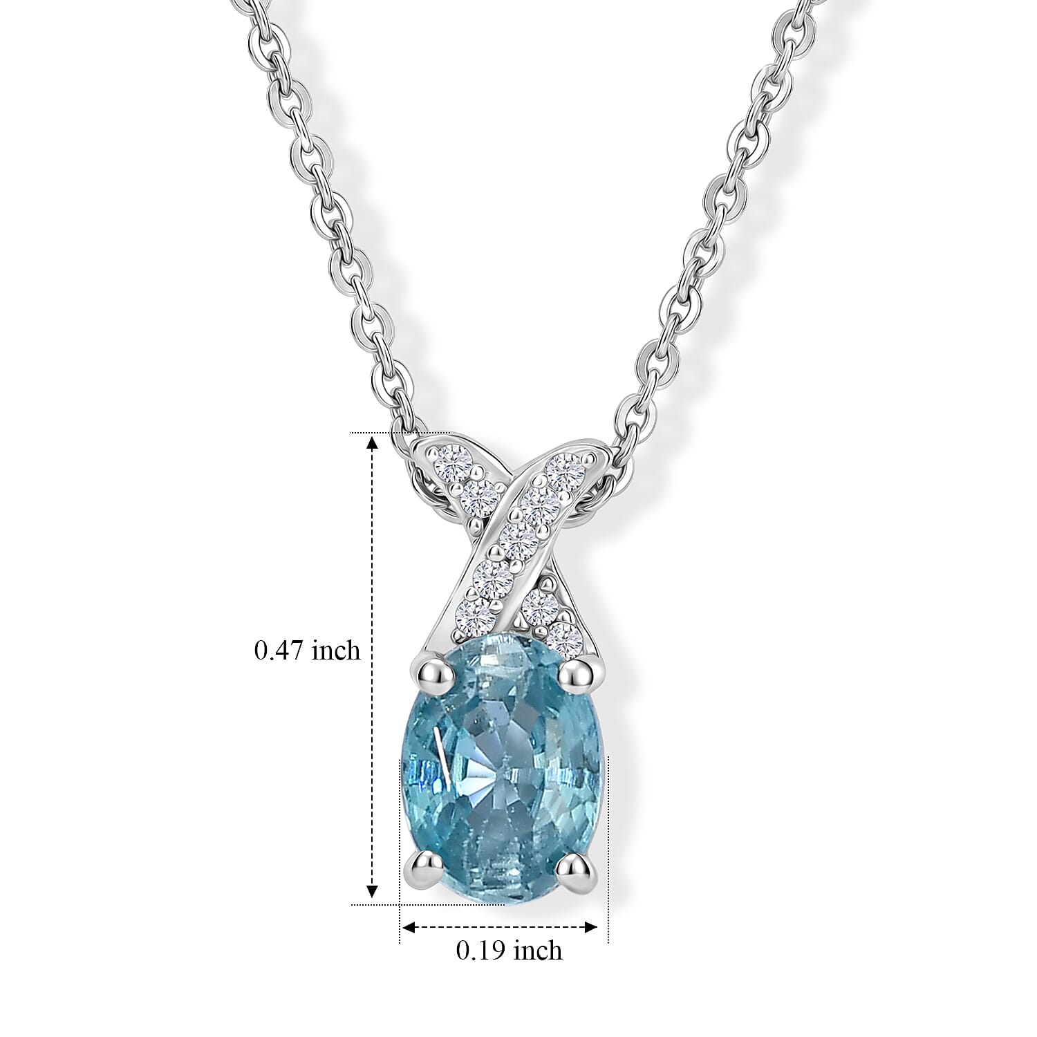 D'Joy - AAA RatanakirI Blue Zircon & White Zircon X-Motif Solitaire Pendant with Chain (Size 20) in Rhodium Overlay Sterling Silver 1.30 Ct.