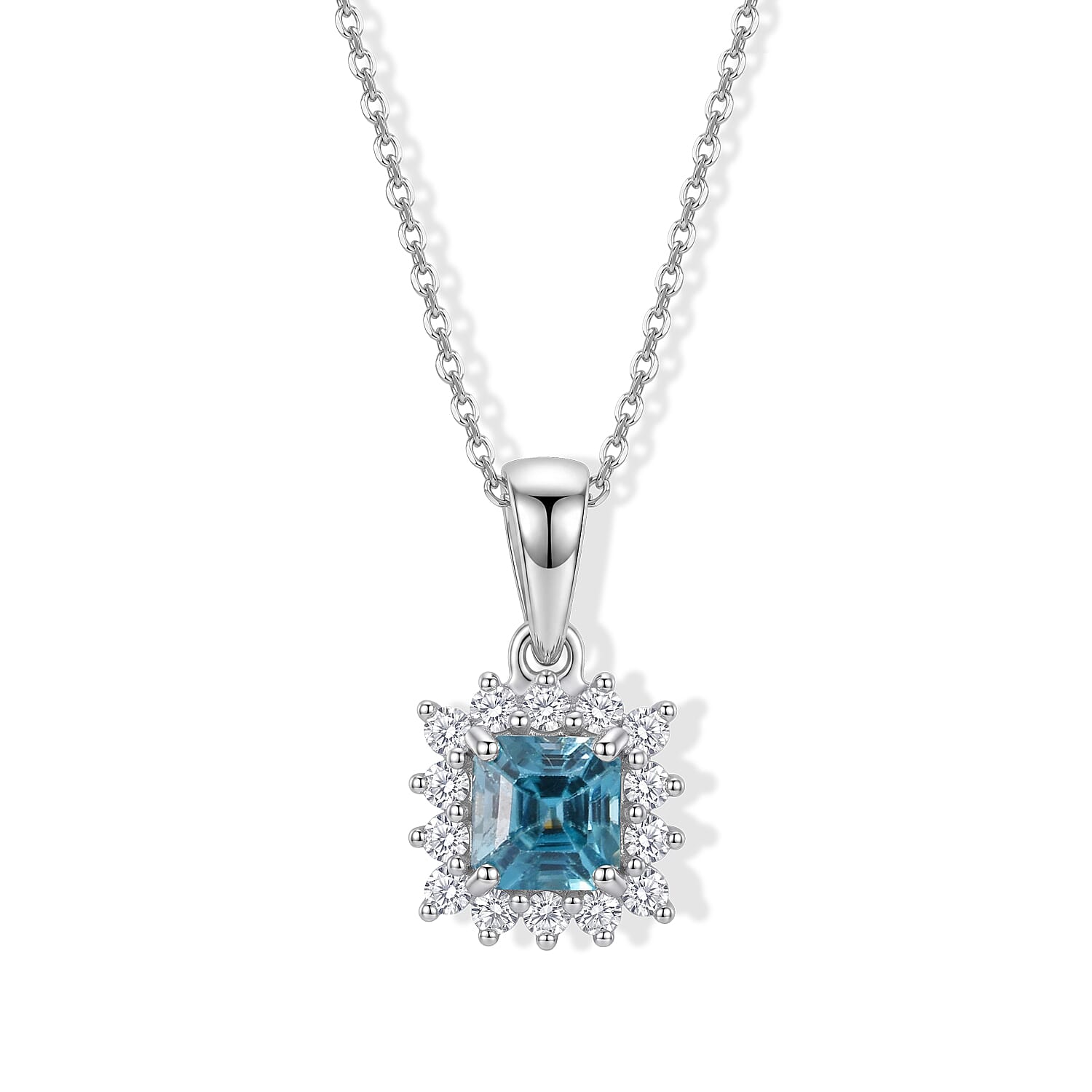 Blue Zircon,  Lab Grown Diamond Pendant with Chain (Size 20) in Rhodium Overlay Sterling Silver 0.40 ct  1.800  Ct.