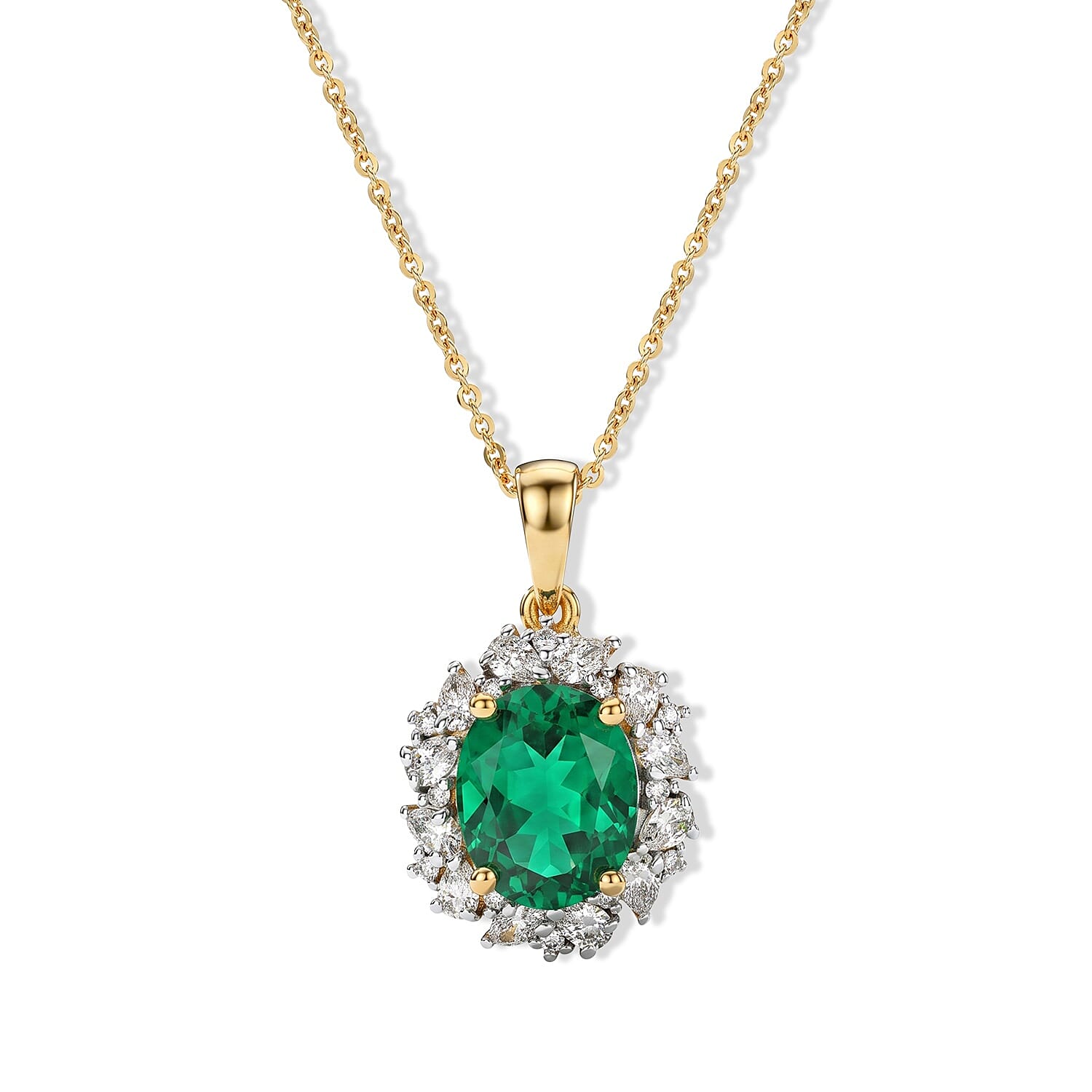Luxuriant - Lab Grown Colombian Emerald & Lab Grown Diamond (SI-G-H) Halo Pendant with Chain (Size 20) in 18K Vermeil Yellow Gold Plated Sterling Silver 3.00 Ct.