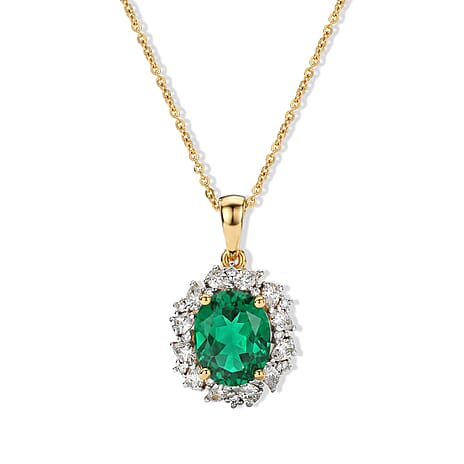 Luxuriant - Lab Grown Colombian Emerald & Lab Grown Diamond (SI-G-H) Halo Pendant with Chain (Size 20) in 18K Vermeil Yellow Gold Plated Sterling Silver 3.00 Ct.