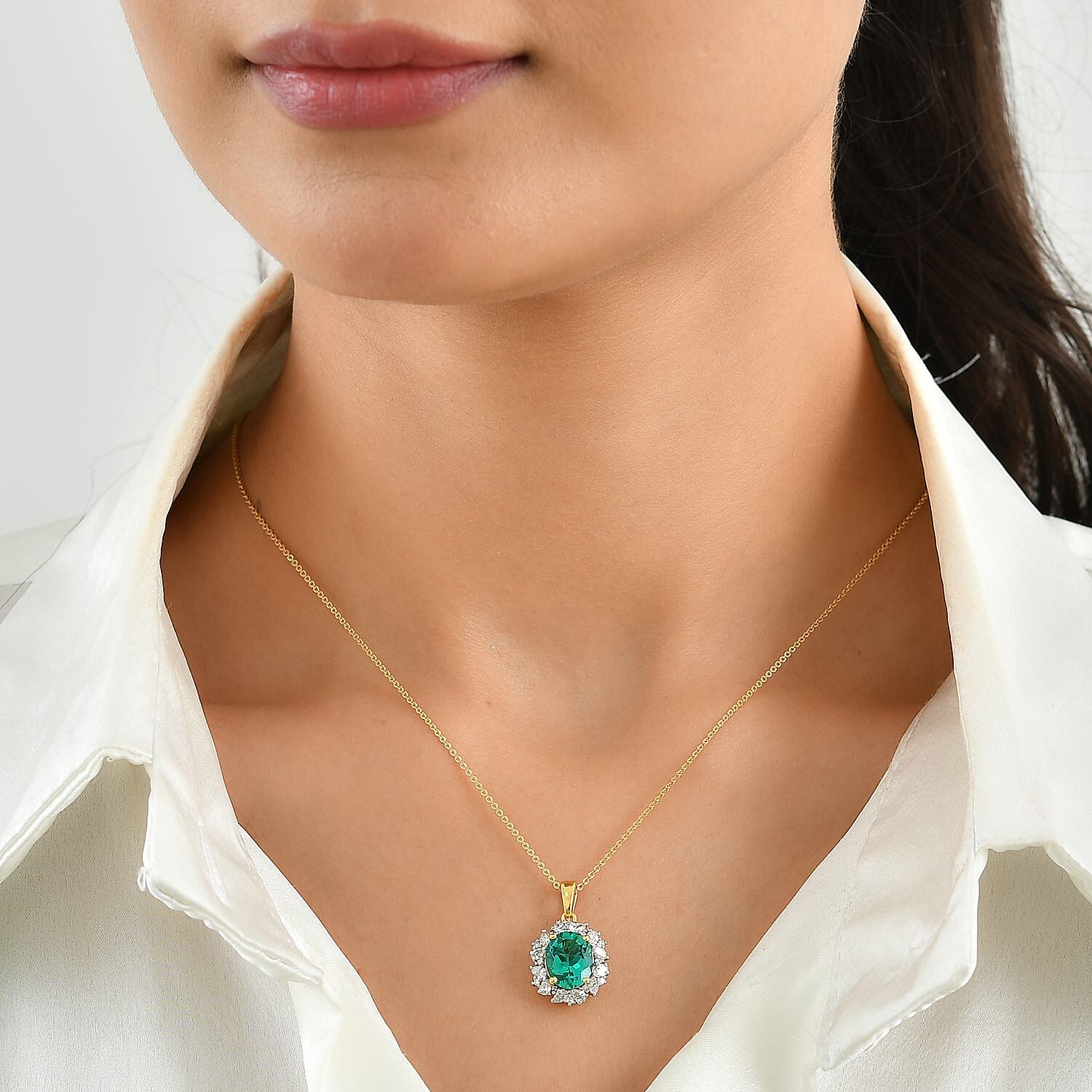 Luxuriant - Lab Grown Colombian Emerald & Lab Grown Diamond (SI-G-H) Halo Pendant with Chain (Size 20) in 18K Vermeil Yellow Gold Plated Sterling Silver 3.00 Ct.