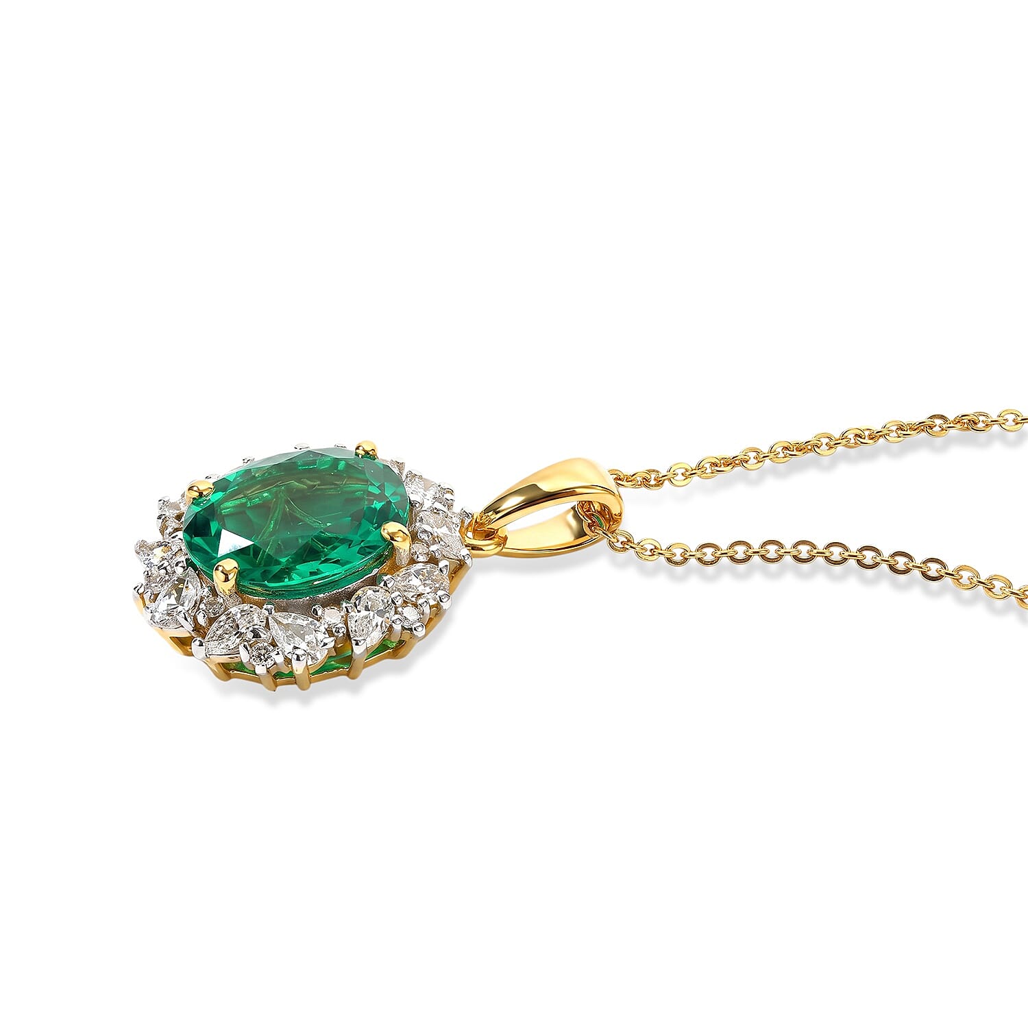 Luxuriant - Lab Grown Colombian Emerald & Lab Grown Diamond (SI-G-H) Halo Pendant with Chain (Size 20) in 18K Vermeil Yellow Gold Plated Sterling Silver 3.00 Ct.