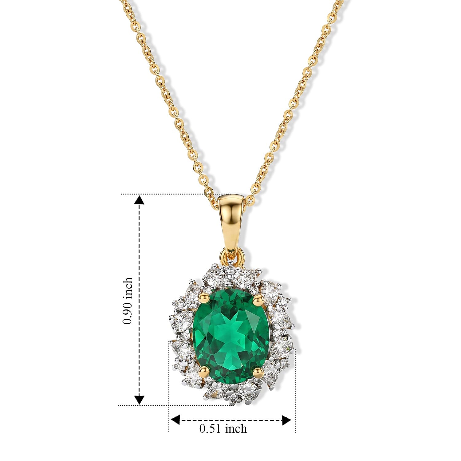 Luxuriant - Lab Grown Colombian Emerald & Lab Grown Diamond (SI-G-H) Halo Pendant with Chain (Size 20) in 18K Vermeil Yellow Gold Plated Sterling Silver 3.00 Ct.