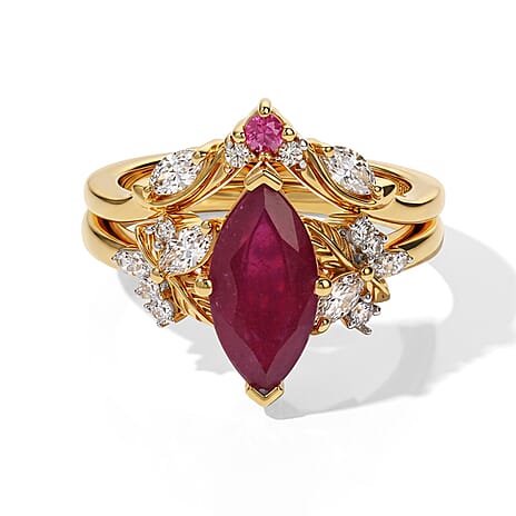 Set of 2 - African Ruby, White Zircon & Blue Sapphire Stackable Ring in 18K Vermeil Yellow Gold Plated Sterling Silver 3.30 Ct.