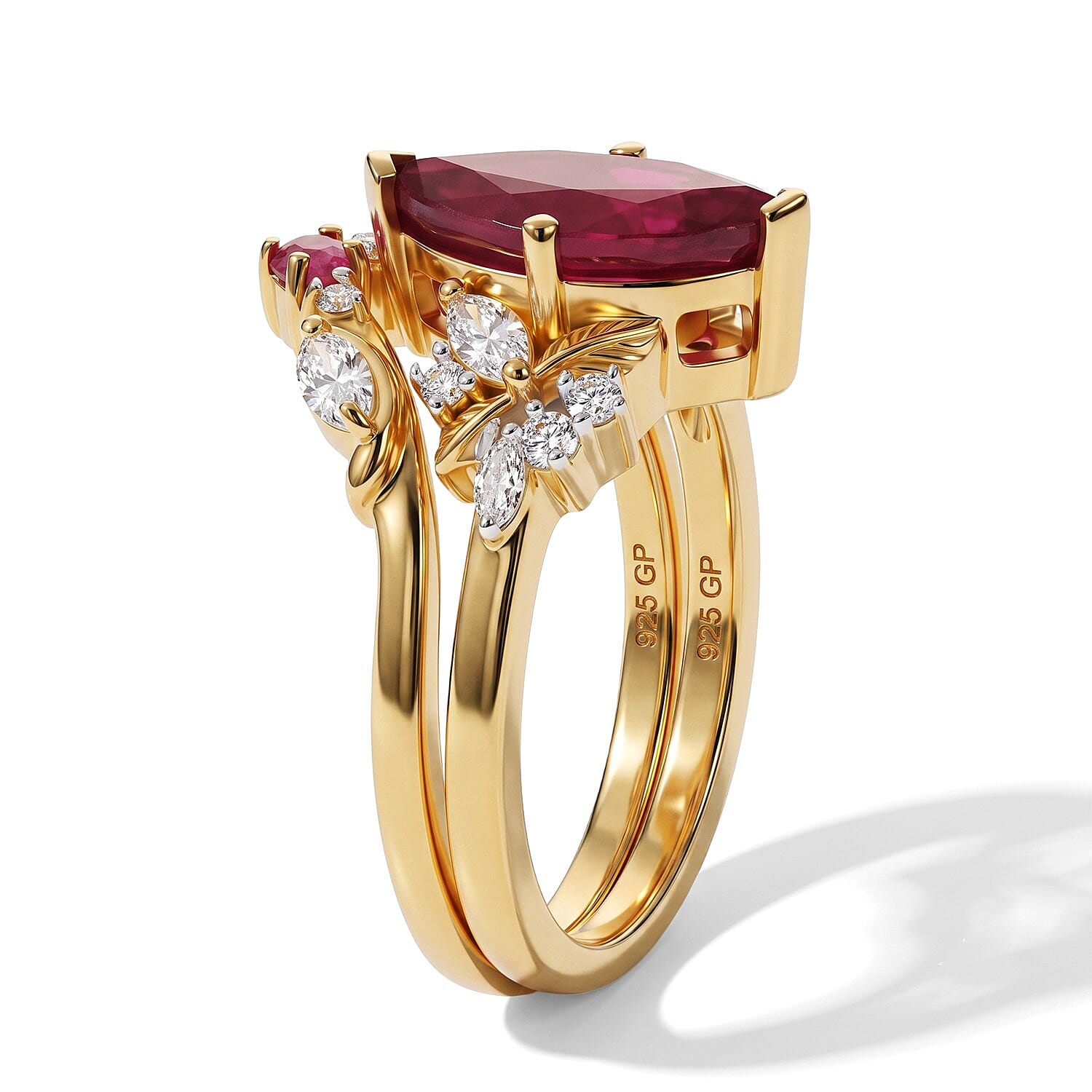 Set of 2 - African Ruby, White Zircon & Blue Sapphire Stackable Ring in 18K Vermeil Yellow Gold Plated Sterling Silver 3.30 Ct.