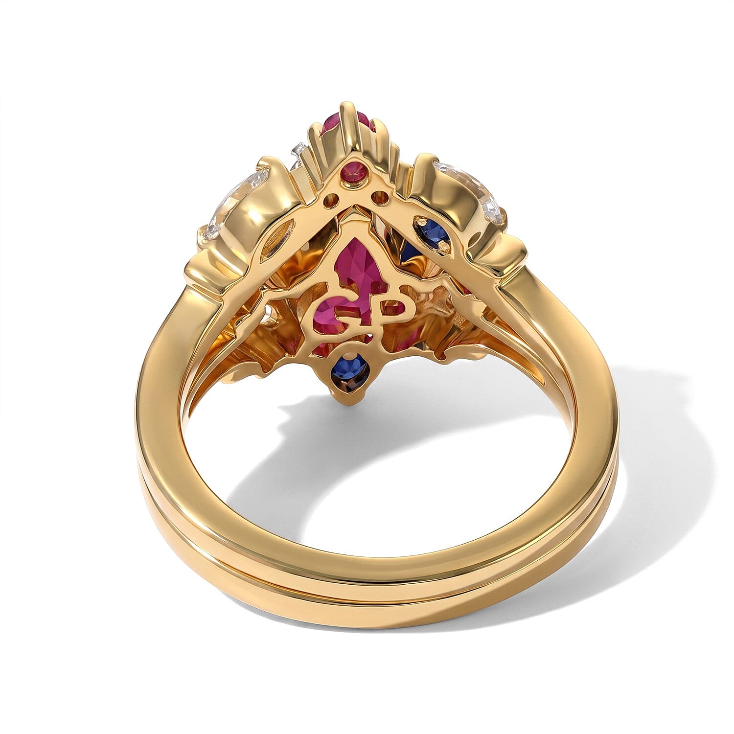 Set of 2 - African Ruby, White Zircon & Blue Sapphire Stackable Ring in 18K Vermeil Yellow Gold Plated Sterling Silver 3.30 Ct.