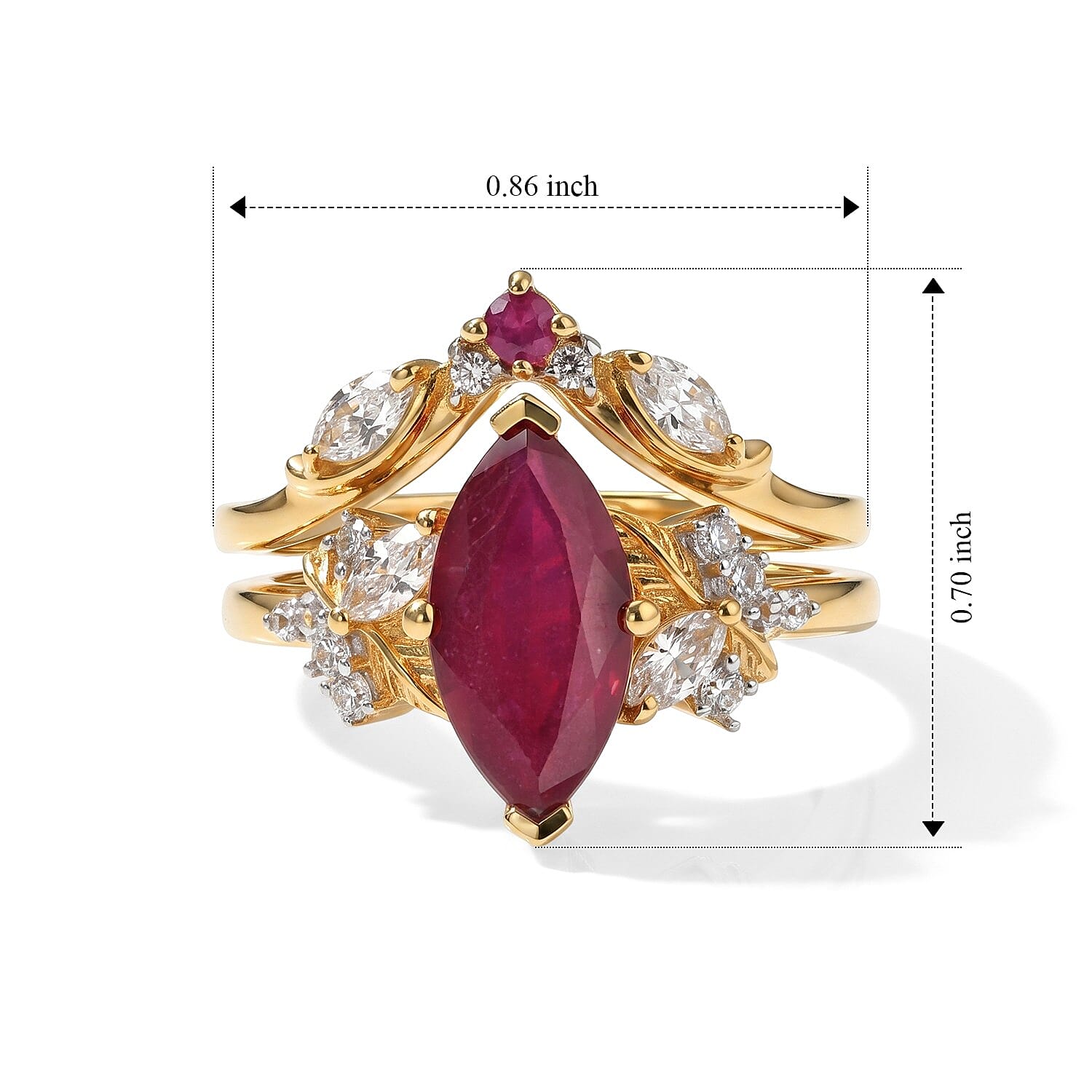 Set of 2 - African Ruby, White Zircon & Blue Sapphire Stackable Ring in 18K Vermeil Yellow Gold Plated Sterling Silver 3.30 Ct.