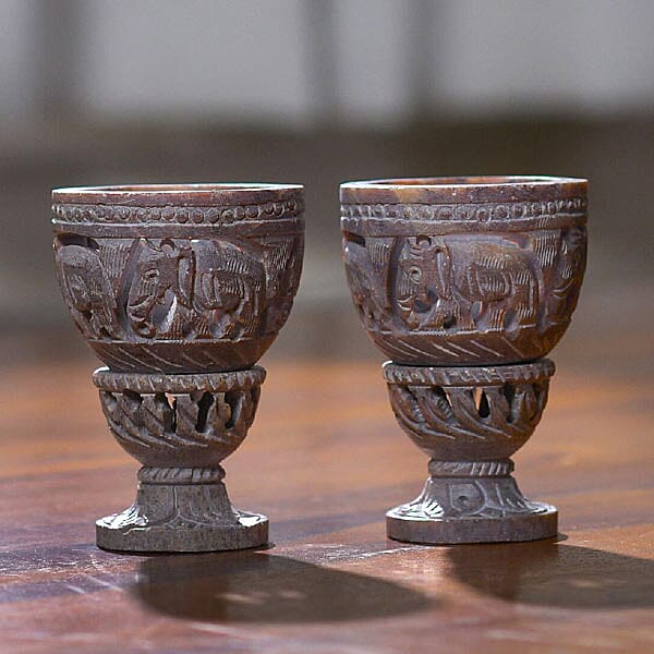 Nakkashi Set of 2 decorative hand carved soapstone egg holders (7.5X3.5 CM) - IVORY-GREY.