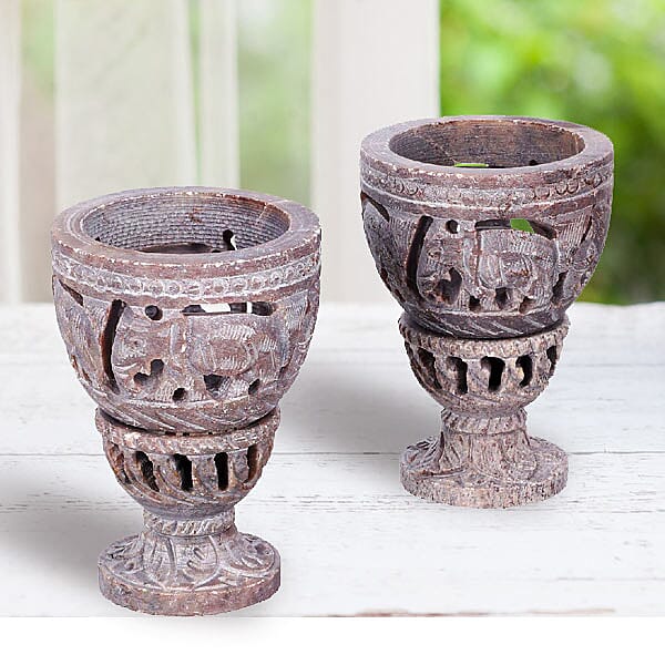 Nakkashi Set of 2 decorative hand carved soapstone egg holders (7.5X3.5 CM) - IVORY-GREY.