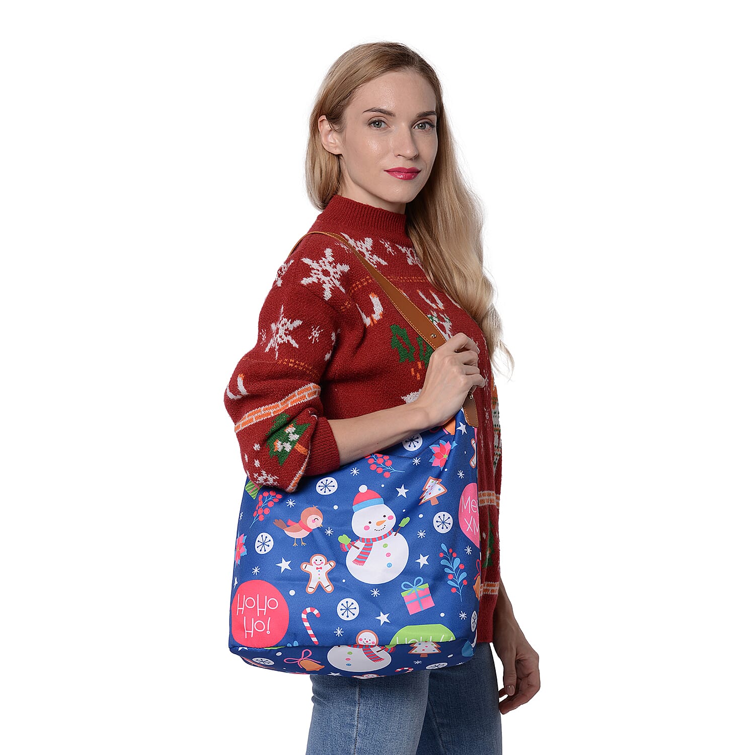 Snowman Print Tote Bag (34x14x37cm) - Teal