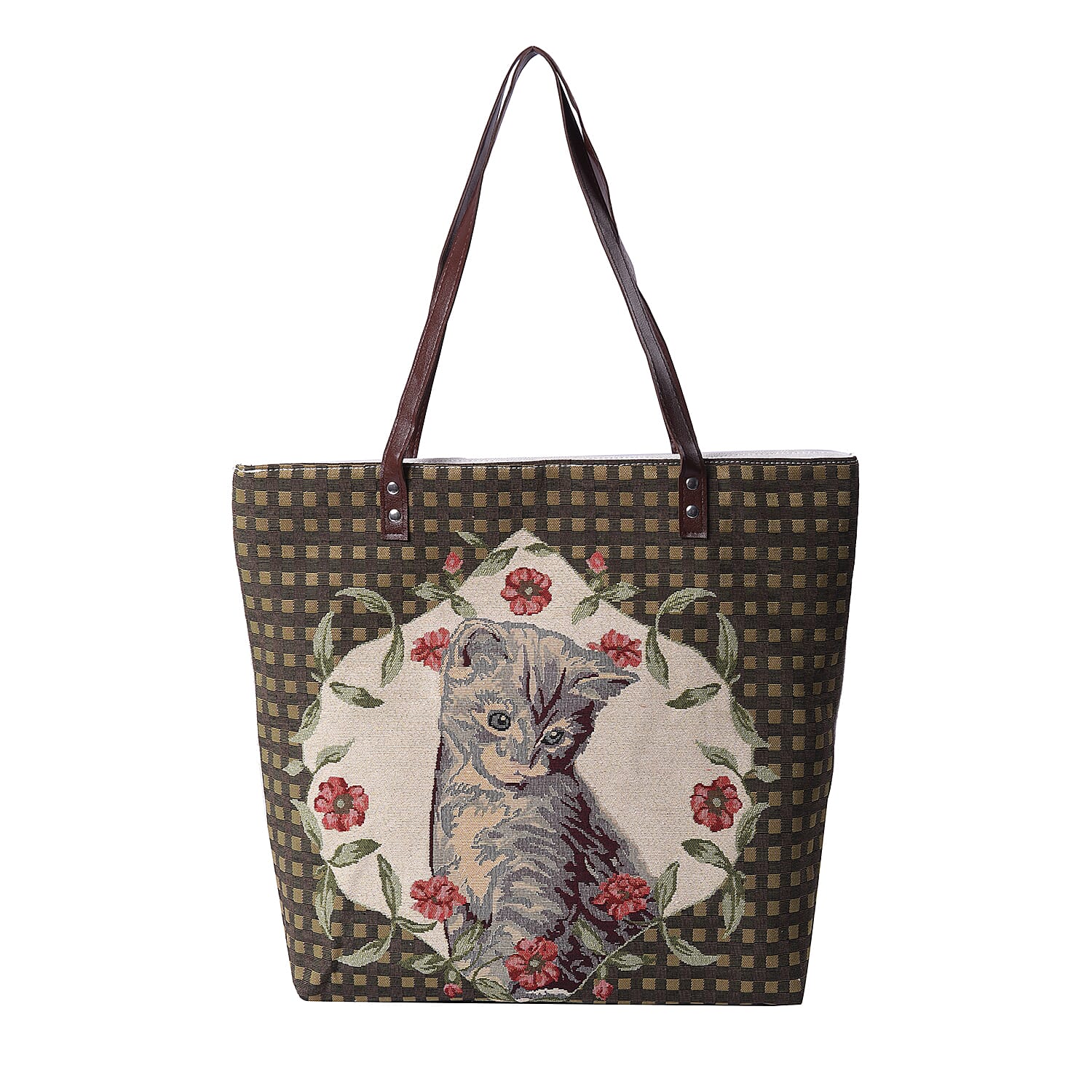 Lovely Cat Pattern Large Tote Bag (Size 35x11x39 Cm) - Brown and Multi