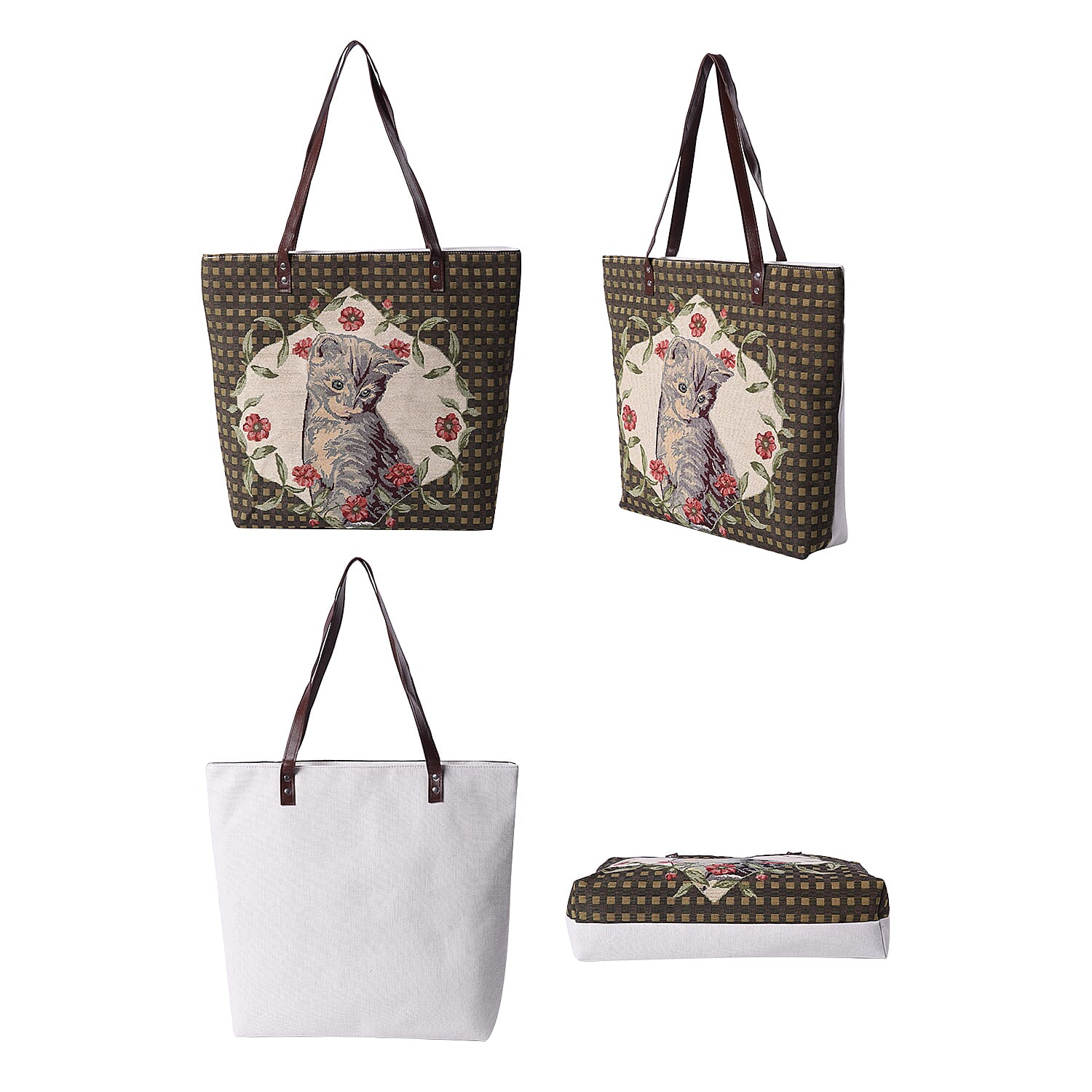 Lovely Cat Pattern Large Tote Bag (Size 35x11x39 Cm) - Brown and Multi