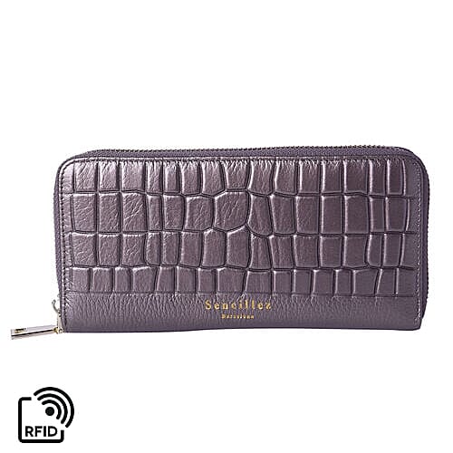 Sencillez 100% Genuine Leather RFID Protected Croc Embossed Wallet (Size 19x2x10cm) - Metallic Bronze