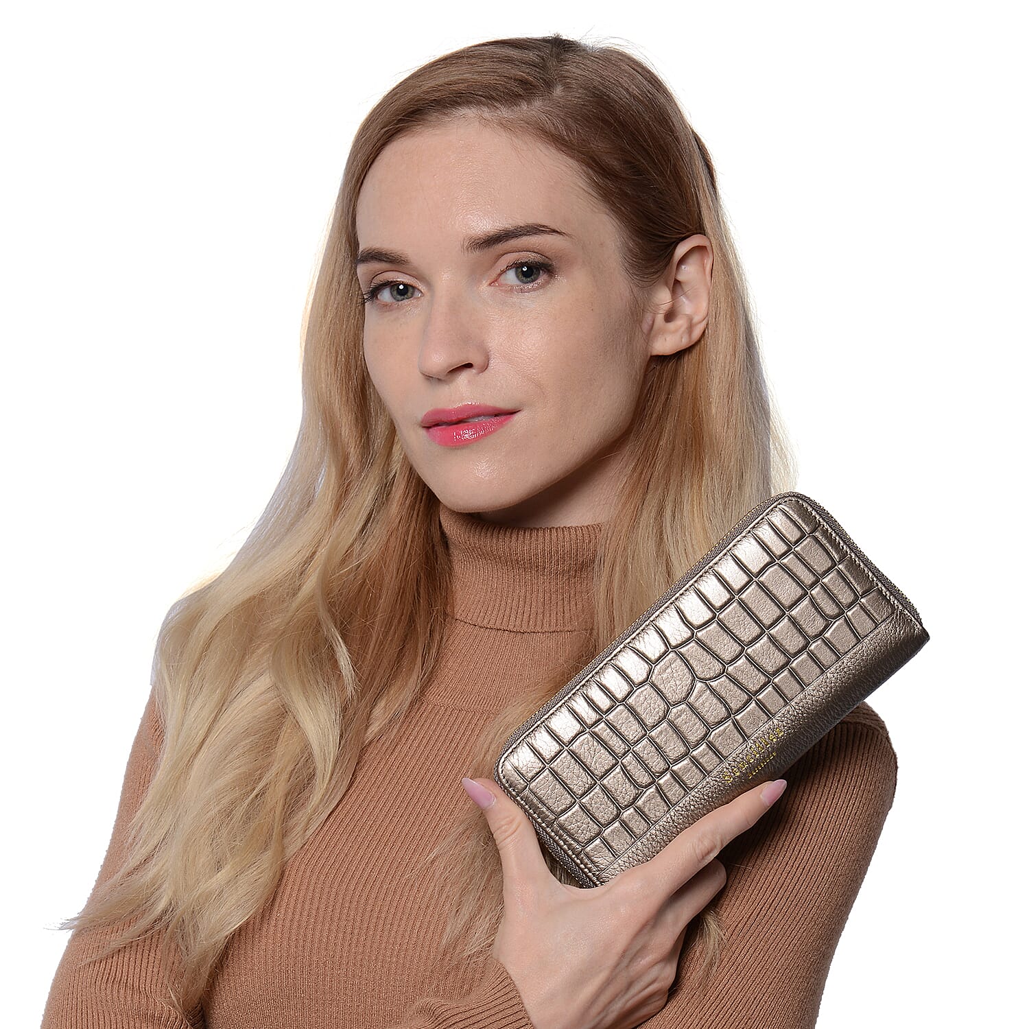 Sencillez 100% Genuine Leather RFID Protected Croc Embossed Wallet (Size 19x2x10cm) - Metallic Bronze