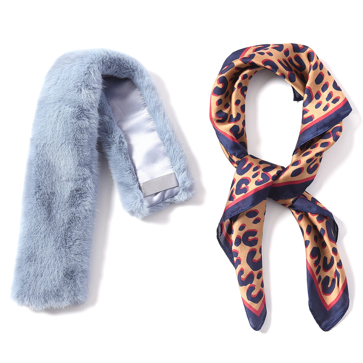 Light Blue Faux Fur Scarf (58x10cm) with Navy Blue Leopard Print Satin Scarf (70x70cm)
