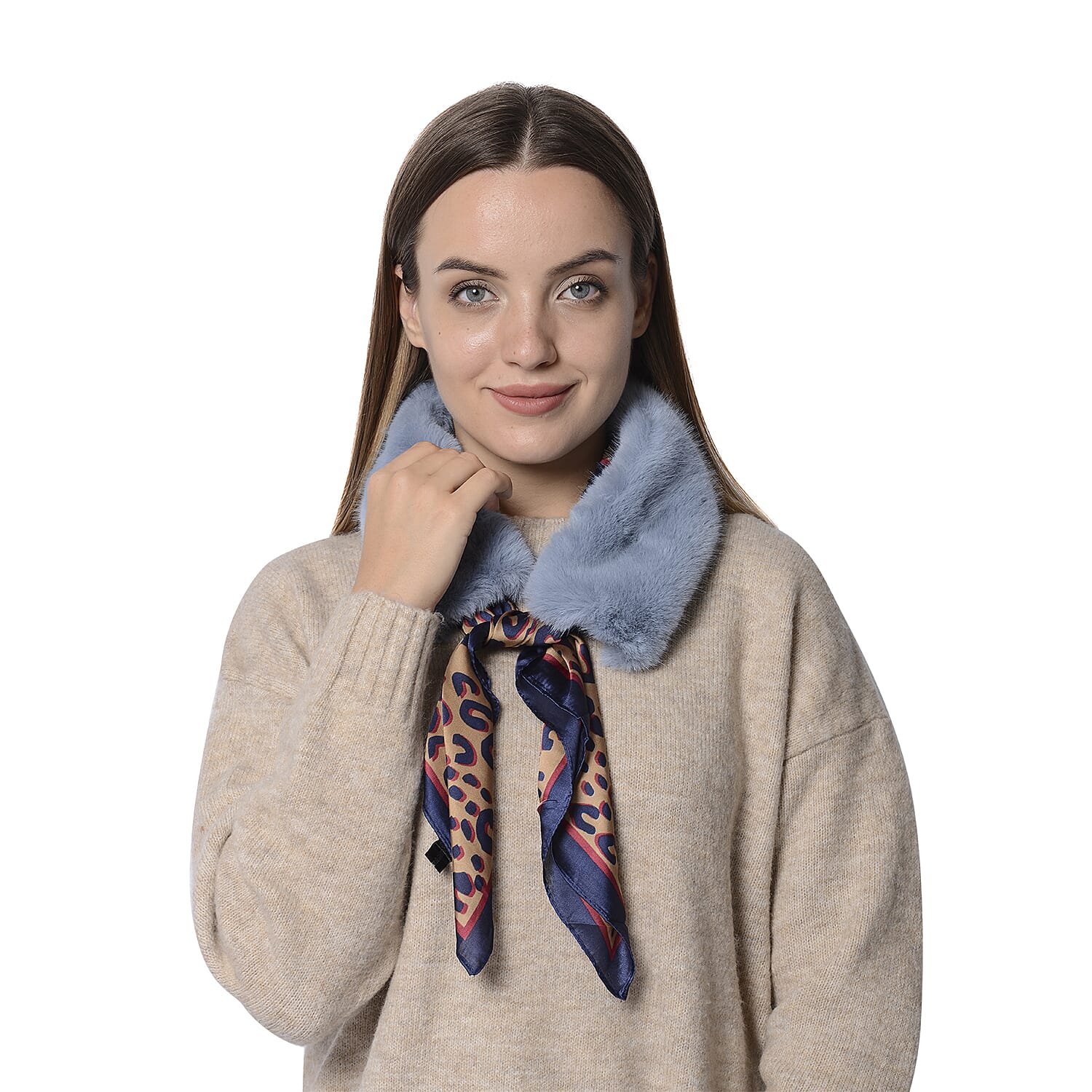 Light Blue Faux Fur Scarf (58x10cm) with Navy Blue Leopard Print Satin Scarf (70x70cm)