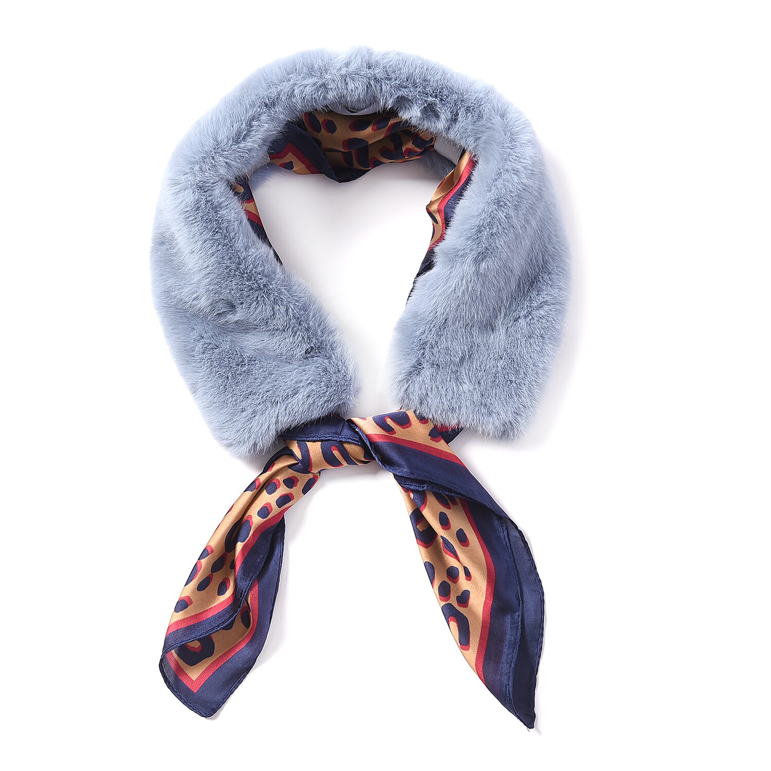Light Blue Faux Fur Scarf (58x10cm) with Navy Blue Leopard Print Satin Scarf (70x70cm)