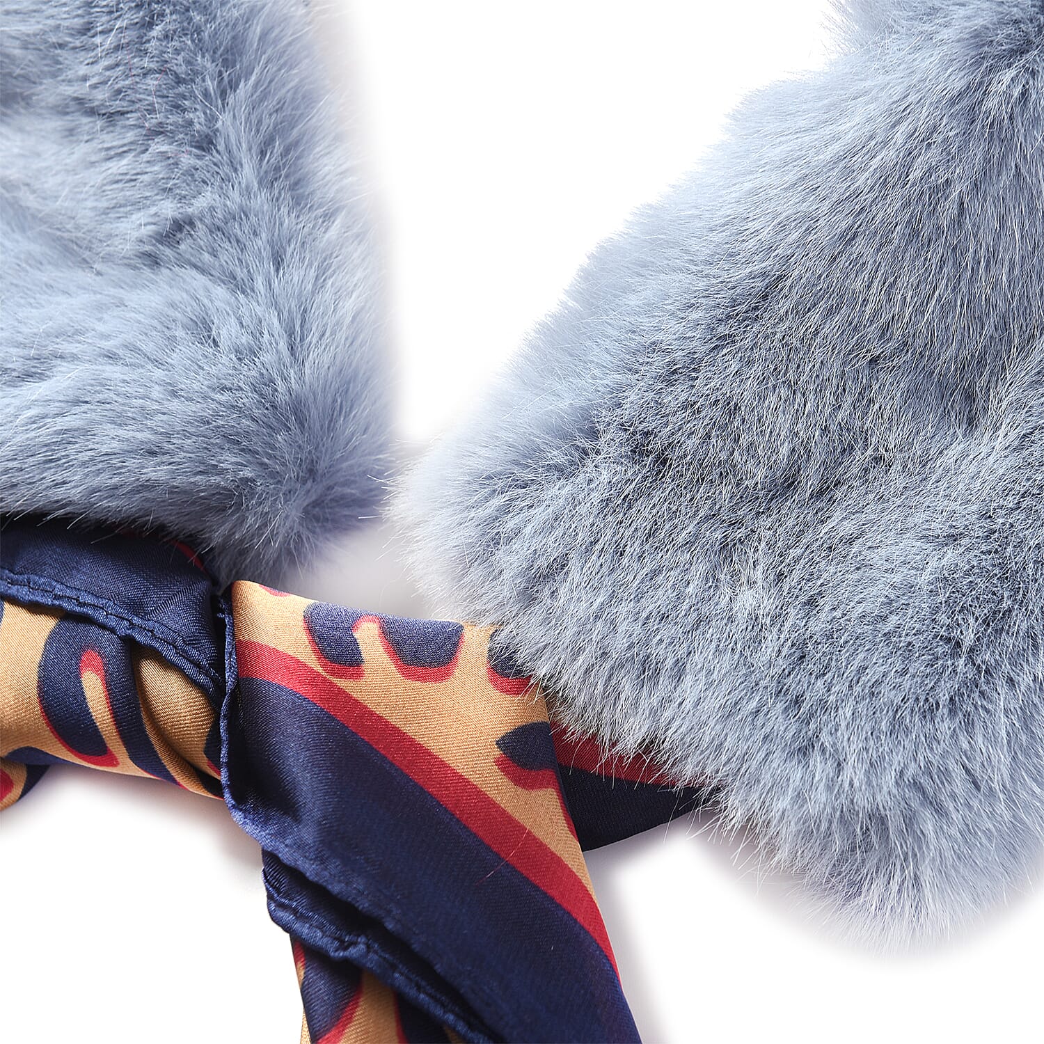 Light Blue Faux Fur Scarf (58x10cm) with Navy Blue Leopard Print Satin Scarf (70x70cm)