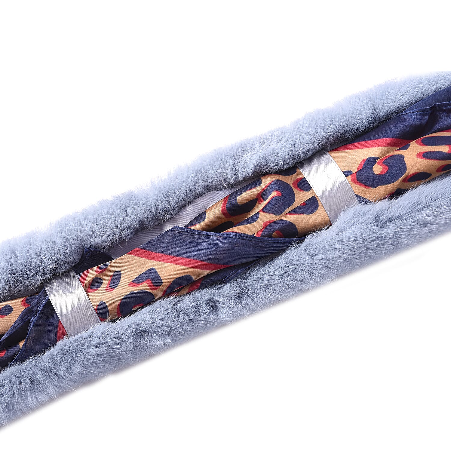 Light Blue Faux Fur Scarf (58x10cm) with Navy Blue Leopard Print Satin Scarf (70x70cm)