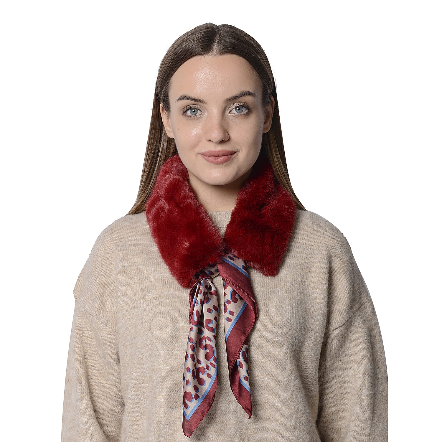 Wine Faux Fur Scarf (58x10cm) with Burgundy Leopard Print Satin Scarf (70x70cm)